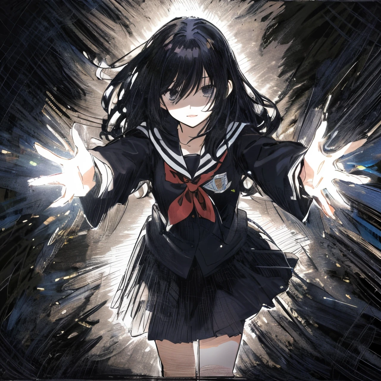 in the style of Chi no Wadachi, manga style, black and white, a girl standing, wearing a light shaded school uniform reaching out for embrace with both hands, surrounded by darkness, black hair, her face scribbled out, ((wide shot)), ((centered)), ((from below, distanced)), ((in the distance surrounded by darkness)), ((shadow over eyes)), ((black background)), ((perfect hands))