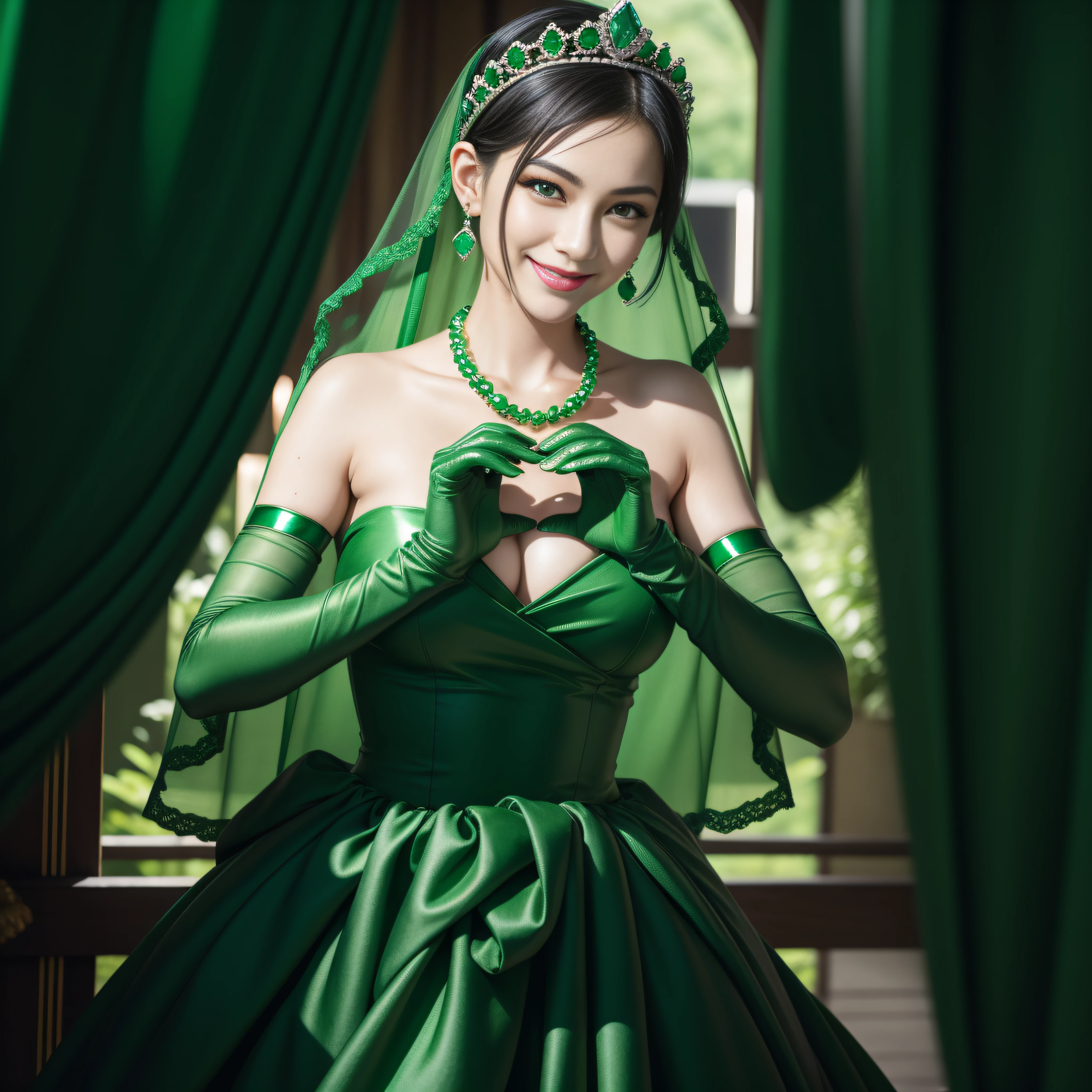 emerald tiara, Green Pearl Necklace, Boyish very short black hair, lipsticks, Japan woman smiling, very short short hair, big breasts beautiful, Green eyes, Long green gloves made of satin material, Green eyes, Emerald Earrings, green vale, Heart with both hands