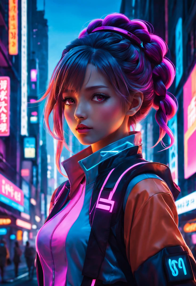(ultra-realistic), (best quality, highres), (vibrant, neon-lit) streets, an (exceptionally detailed) anime girl from the front with (long, intricate) hair. Her (expressive, mesmerizing) eyes capture the essence of (emotions: joy, curiosity, or determination). She has (delicate, perfectly shaped) rosy lips, radiating a sense of (youthful innocence). The girl wears a (futuristic, stylish) outfit, featuring (bold, colorful patterns). Her (lithe, graceful) figure moves with elegance and confidence. As she walks through the neon streets, she carries an air of (mystery) and (adventure). The (brightly colored) lights reflect on her smooth skin, creating a (luminous glow). The background portrays a (futuristic) cityscape, with towering buildings adorned with (glowing holographic displays). The streets are bustling with life, filled with (energetic) crowds and (flying vehicles) soaring through the air. The atmosphere is filled with an (electric, dynamic) energy that matches the girl's vibrant presence. The color palette exudes a (dream-like, surreal) quality, with neon hues illuminating the scene. The (contrasting) colors enhance the girl's features, bringing her to life in a visually stunning manner. The lighting captures the (neon glow) of the streets, casting (striking, dramatic) shadows on the buildings and the girl. The (soft, diffused) glow enhances the overall atmosphere, creating a sense of depth and dimension. This prompt aims to generate a visually captivating image of an anime girl with intricate braids in a vibrant, neon-lit cityscape. The attention to detail, realistic rendering, and dynamic lighting will result in a high-quality masterpiece that truly embodies the essence of a futuristic anime world.