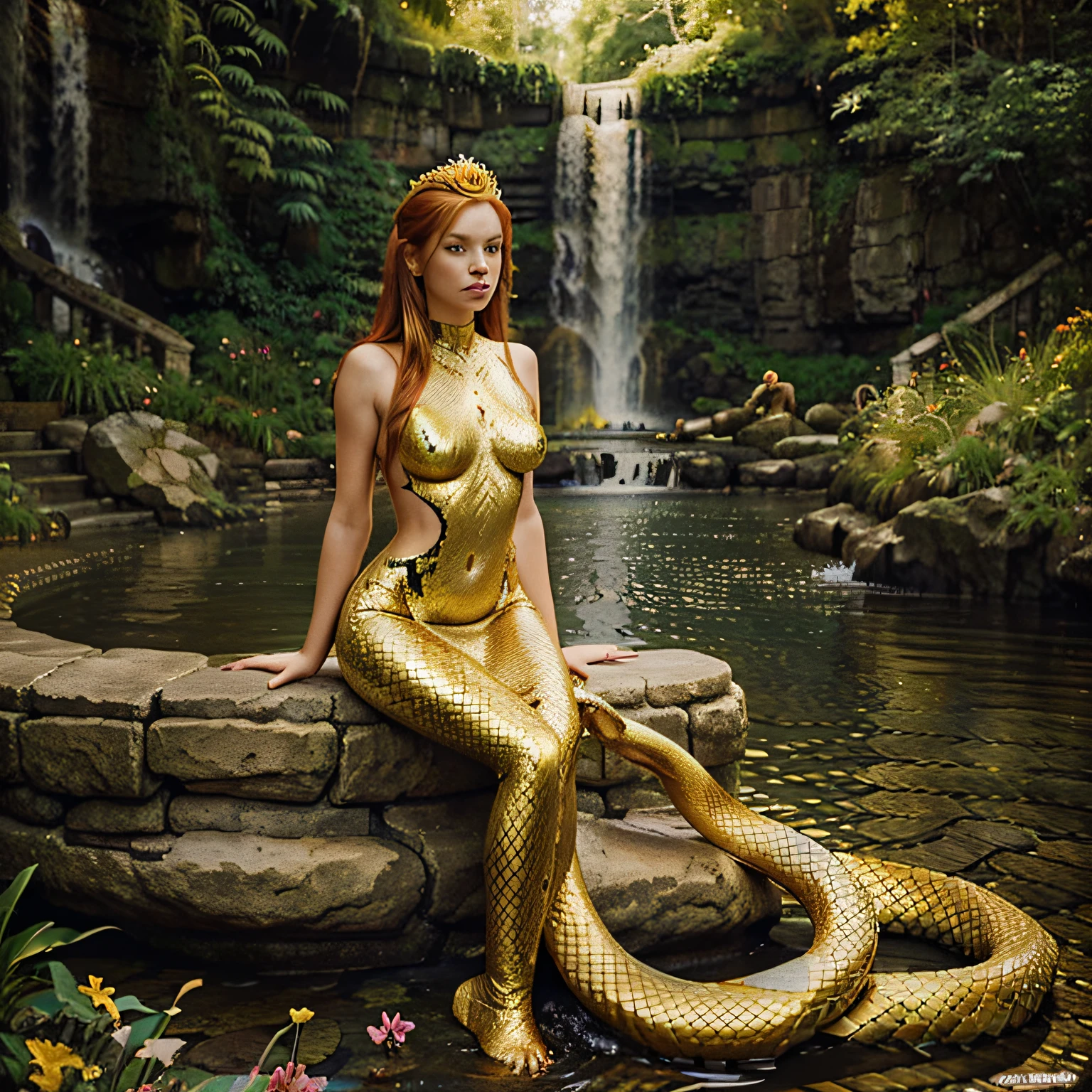 (golden mermaid:1.2), (golden snake tail:1.3), red hair, crown, a half snake half woman, she is sitting, heavenly background, waterfall, flowers, panaromic view, detailed face, no legs, body below snake tail, Python mermaid body, extremley realistic, (not looking at camera), a man standing looking at her