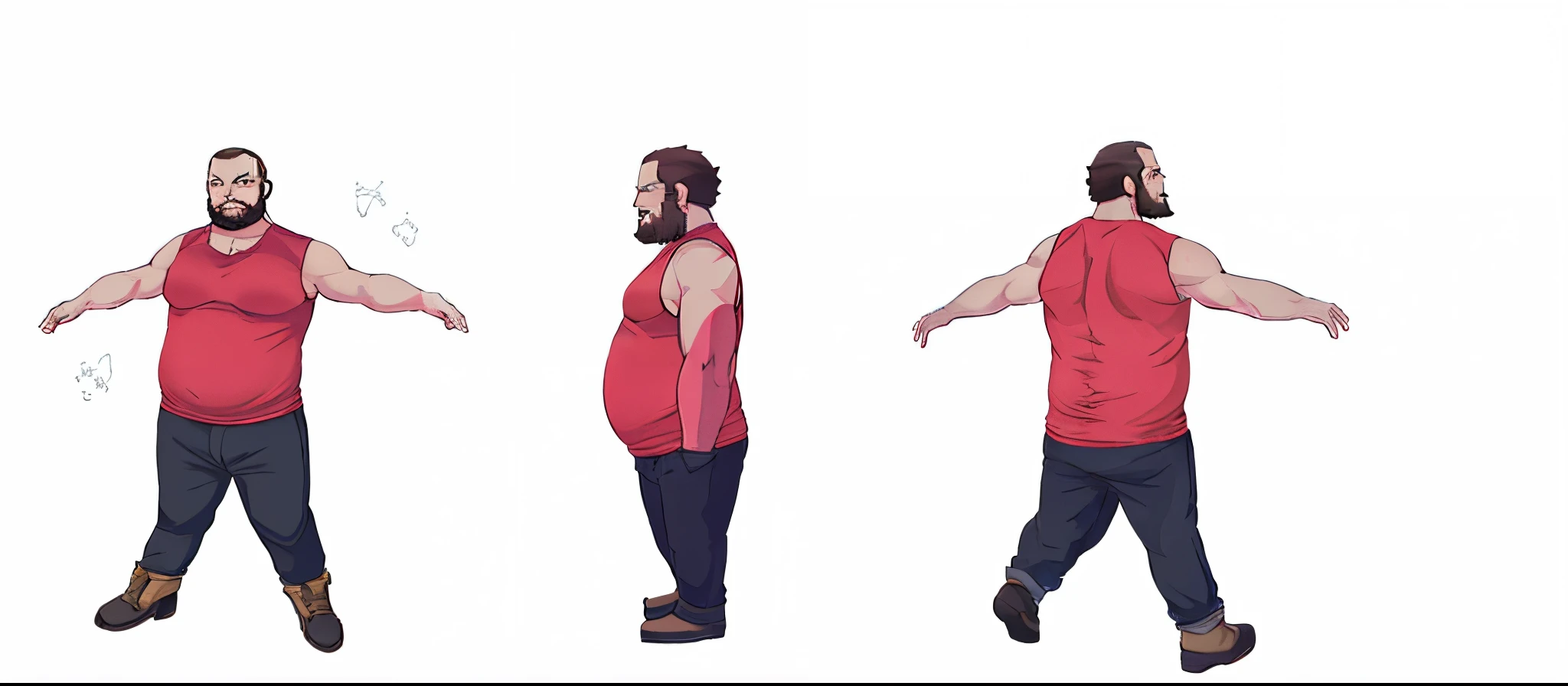Fat man brown receding hairline, red tank top, beard, anime manga art style
