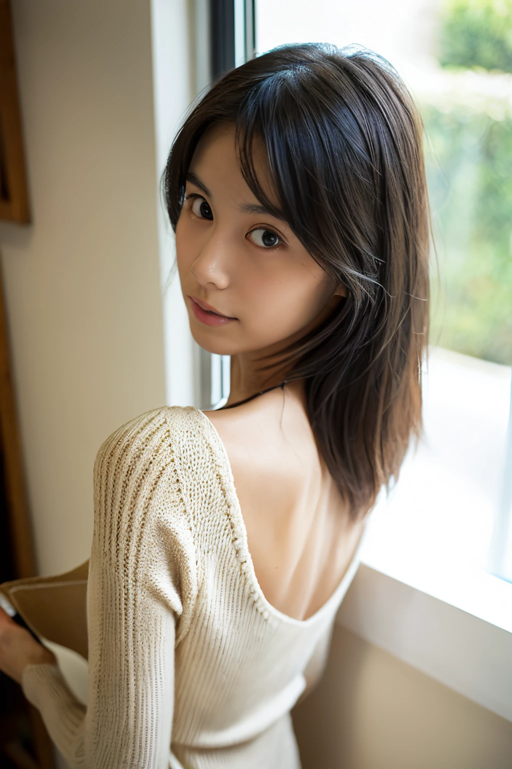 (High reality photograph, high resolusion, detailed face, detailed eyes) Skinny Japanese lady, 20 years old, cute face, solo:1, lovely body, skinny figure, small breasts, thin chests, emphasizing very skinny waist, a knit dress with back-open design, full-body photo, standing against a window, looking back for viewer