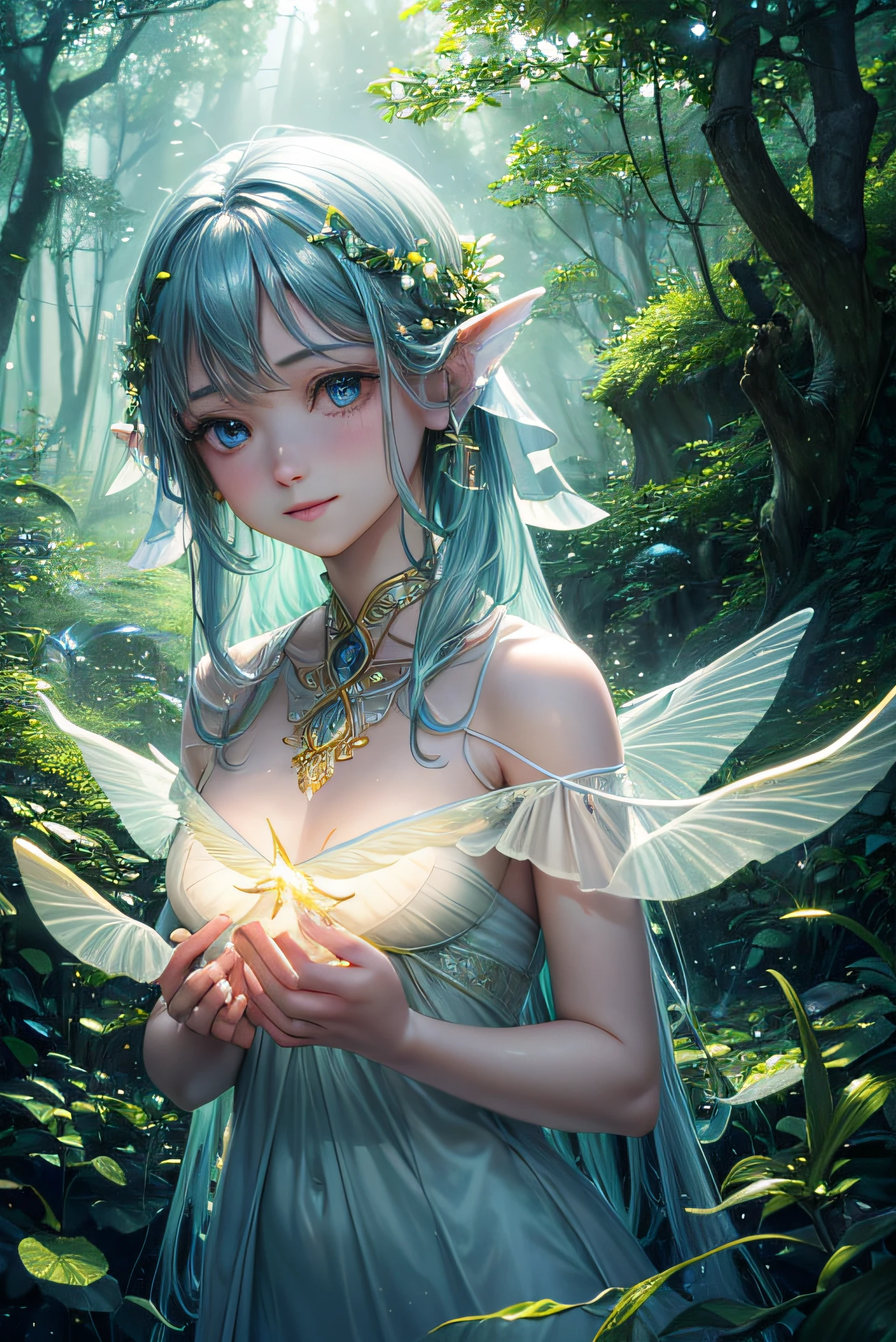 Full body portrait, Forest Elves, (top-quality, 8K, masterpiece: 1.3), Green hair, petite body, (((fullnude))),(beautifully detailed eyes), (super detailing), (desktop wallpaper), (详细的脸), Ray Glow, optics, Panoramic lighting, Atmospheric perspective, zori, Anti-aliasing: 5D, beautiful countenance, Perfect Body Beauty: 1.4, Clear facial features, Symmetrical transparent wings, Stunning detail