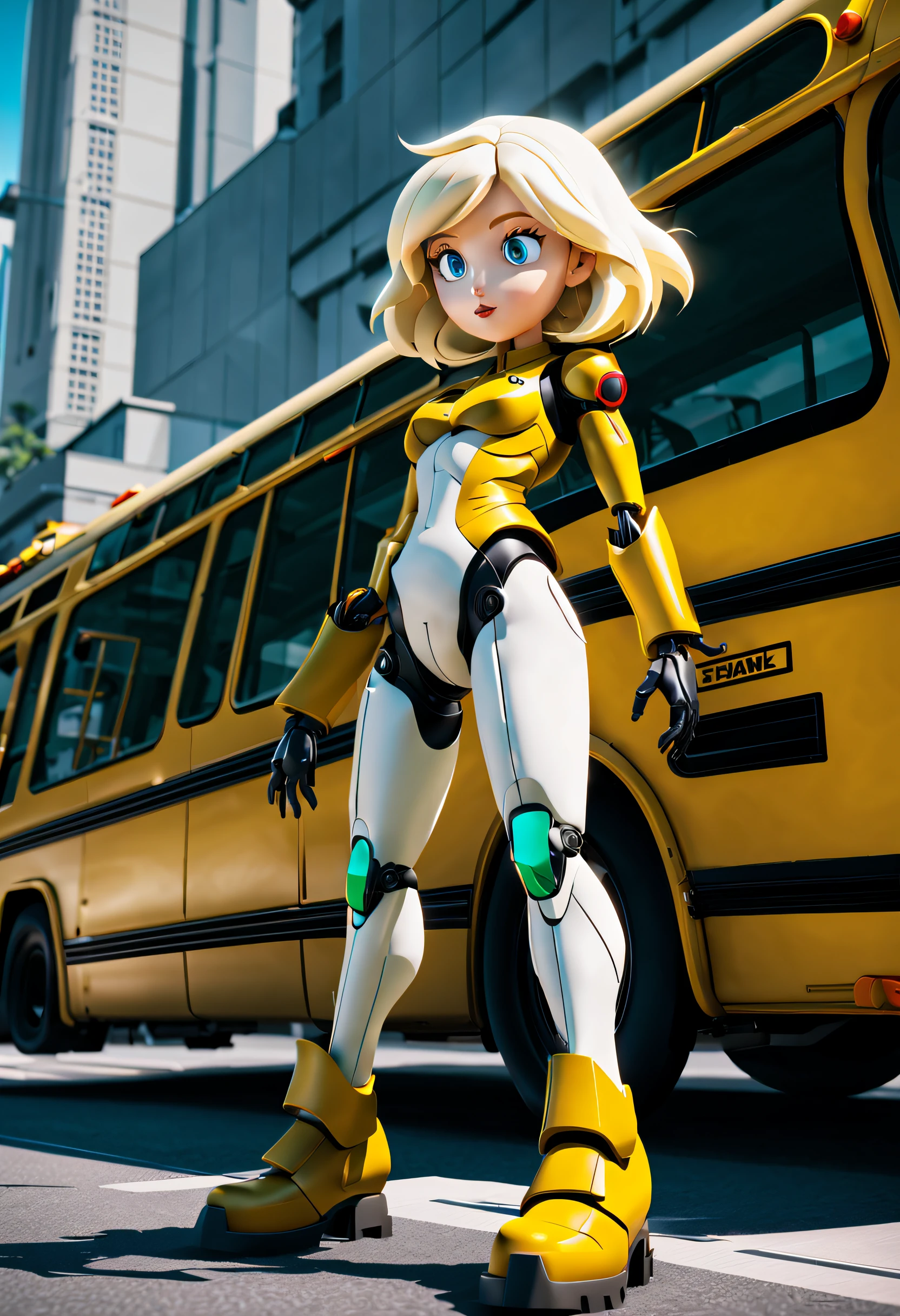 Masterpiece in 16K max resolution, White mecha musume style with green and black props, inspired by Super Metroid, Mecha and Disney animations | Vibrant 4K footage capturing the iconic style of South Park. A plain-looking trans woman, according to the design of the South Park cartoon, appears leaning on a yellow school bus. His casual voice, with one extended bravo touching the vehicles and the other at the waist, reflected a carefree and confident attitude. The composition of the front canaaa centralized, real the intera of the personage with the bus. As cartoonish San vivace cores, with a simple shading system depth to kill the flat EXTRATERTICA. A fun scene and song that captures a South Park in a school parade. She is adopting a dynamic pose as she interacts, bravely leaning against the large structure of the bus, leaning back dynamically, full body, perfect hand, fingers, perfect hands, better, bigger, more details."| / Three-dimensional composition and cinematic lighting, highlighting every detail of the female and the technological scenario.| She is adopting a ((dynamic pose as interacts, boldly leaning on a large structure, leaning back in a dynamic way):1.3), ((full body)), perfect hand, fingers, hand, perfect, better_hands, Big, More Detail