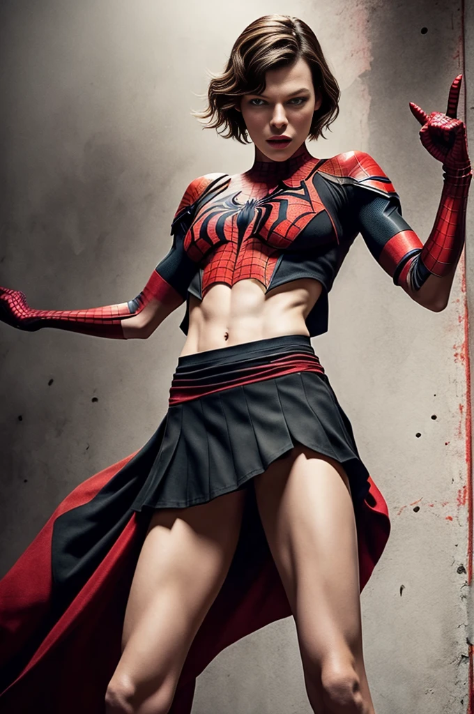 Milla Jovovich、Sticking out the navel、newyork、She wears a torn Spider-Man suit,wearing skirt、 Red and black color scheme,Dynamic、​masterpiece、top-quality、ultra-detailliert、ighly detailed、beautiful detailed brilliance、超A high resolution