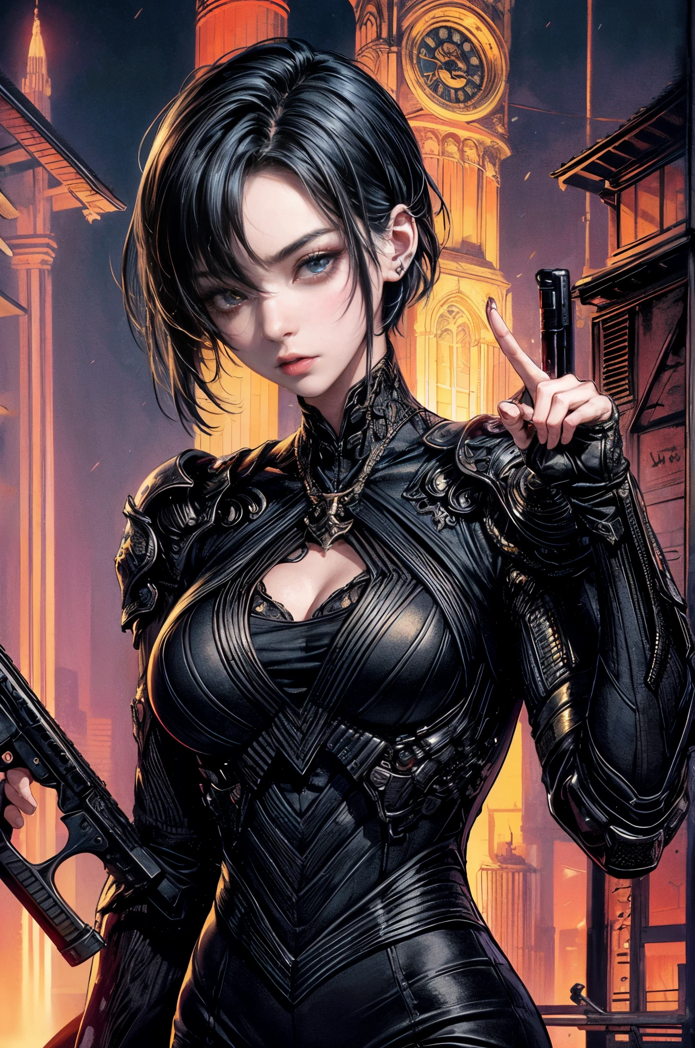 Cinematic lighting,super detailed skin、Beautiful detailed eyes、Best Quality,cyberpunked,(Alternative、dim colors, Soothing tones:1.3),NSFW(1beautiful woman、Black Hair Shortcut Hair、Detailed beautiful facial features:1.3)(well-shaped breasts、formal suit、Suit Slacks:1.2).(firearm、Looks Back、Raise your hand up:1.5)On the rooftop、Predawn sky、Japan of the Showa era、