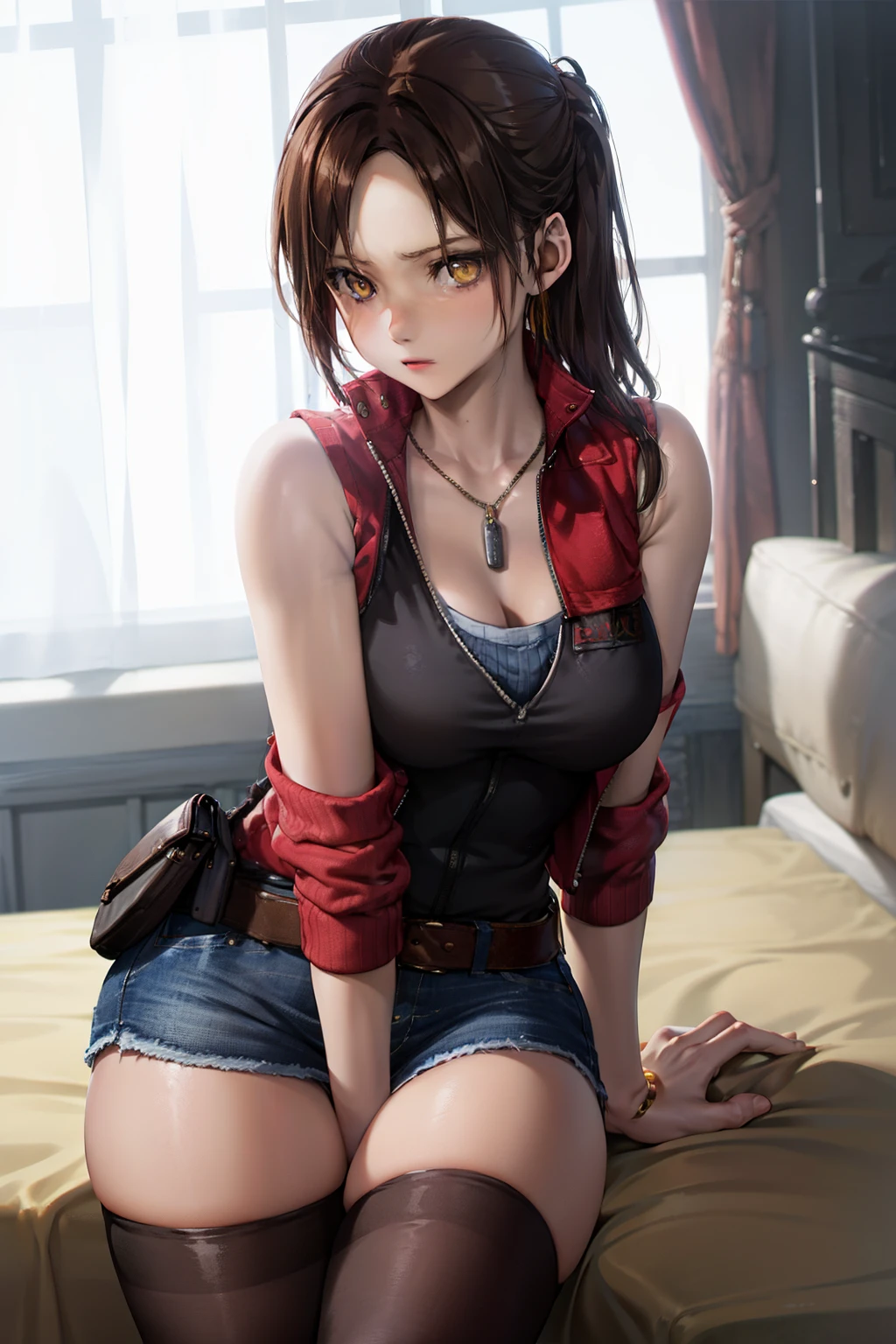 masutepiece, Best Quality, 1girl in, (Claire Redfield), Brown hair, (Yellow eyes:1.2),(Sleeveless jacket)、((Denim miniskirt))、((Black thigh socks))、((Bedroom))、length hair、poneyTail、((Knitted outerwear))