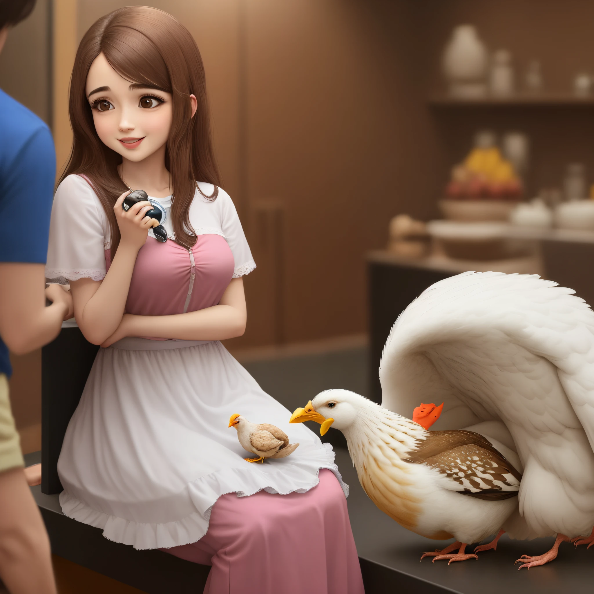 Crie uma imagem de uma pessoa dando uma galinha de presente pra uma mulher