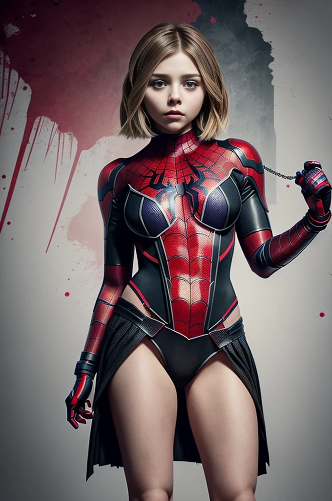 chloë grace moretz、Sticking out the navel、newyork、She wears a torn Spider-Man suit,wearing skirt、 Red and black color scheme,Dynamic、masterpiece、top-quality、ultra-detailliert、ighly detailed、beautiful detailed brilliance、超A high resolution