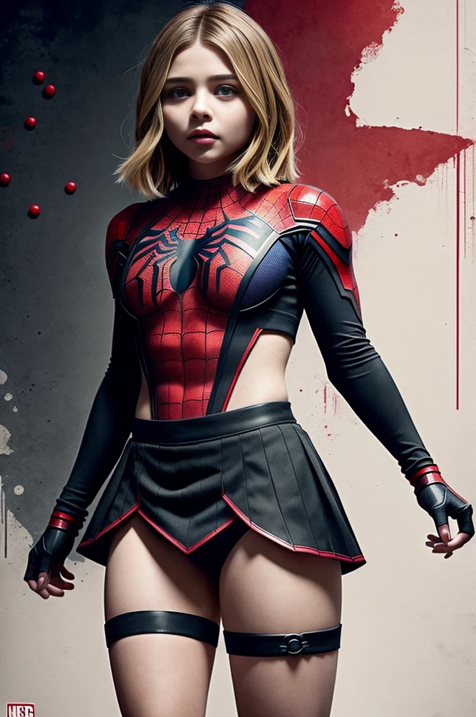 chloë grace moretz、Sticking out the navel、newyork、She wears a torn Spider-Man suit,wearing skirt、 Red and black color scheme,Dynamic、masterpiece、top-quality、ultra-detailliert、ighly detailed、beautiful detailed brilliance、超A high resolution