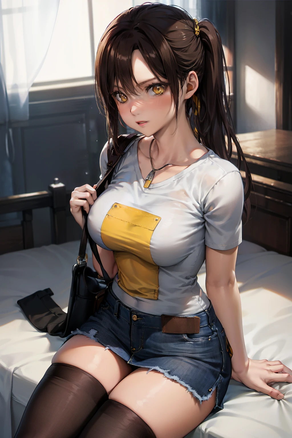 masutepiece, Best Quality, 1girl in, (Claire Redfield), Brown hair, (Yellow eyes:1.2),(white t-shirts)、((Denim miniskirt))、((Black Thigh Socks))、((Bedroom))、length hair、poneyTail