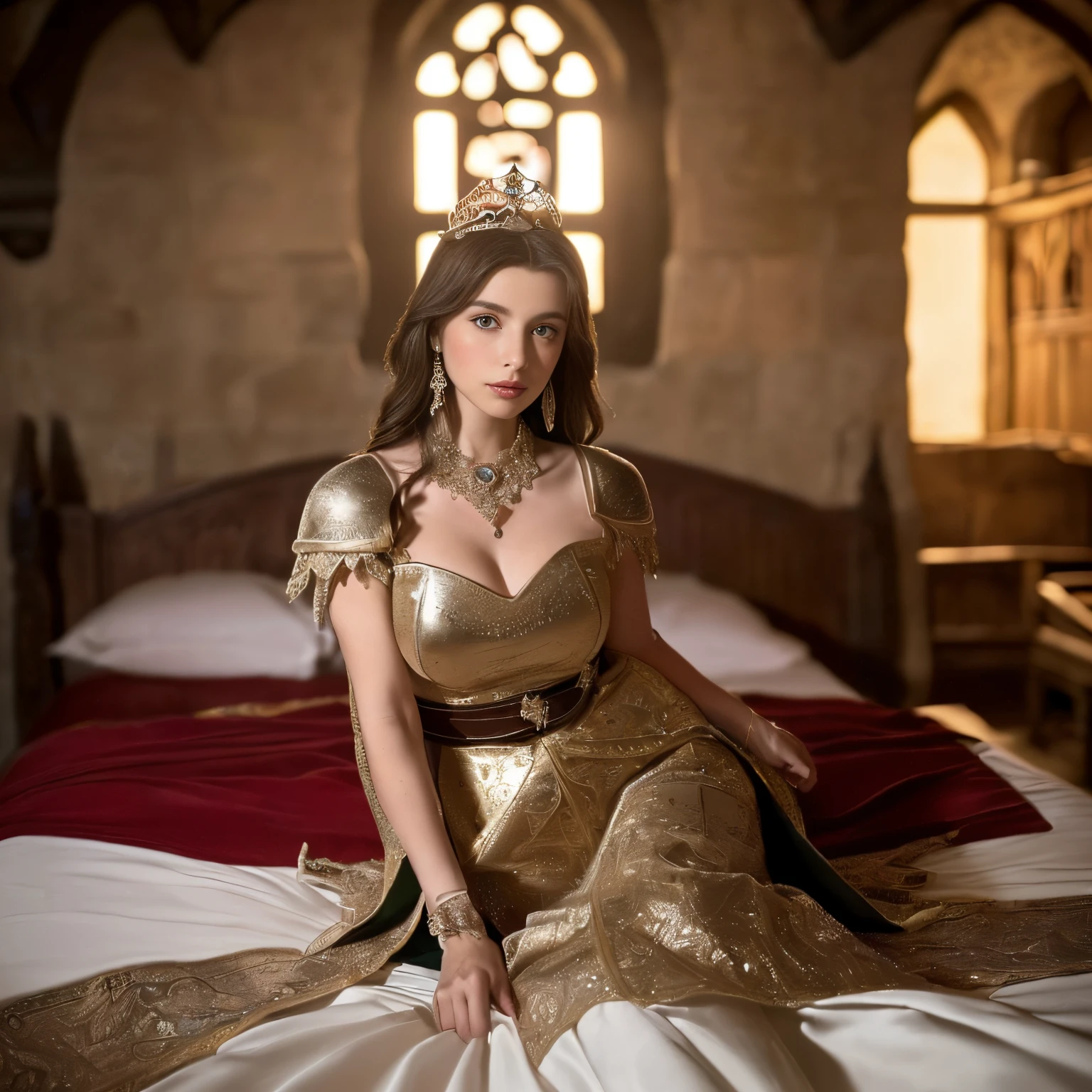 ((top-quality、masutepiece、8K、Top image quality、Highly complex and detailed depictions))、(portuguese princess pictures:1.5)、princess sitting on bed、the most luxurious princess costume、((The most beautiful medieval Portuguese princess costumes、The most luxurious medieval Portuguese princess costumes、The most luxurious and huge princess bedroom、An unimaginably luxurious princess bedroom、Very luxurious medieval Portuguese castle room、Medieval Portuguese princess's bedroom at midnight、Very complex decoration)、(View me、Perfect makeup、A slight smil)、(Depth of field is deep:1.5)、(Detailed and complex background:1.3)、(Clear background of a bedroom in a huge medieval Portuguese castle:1.3)、(accurate anatomy:1.5)、((spectacular movie lighting、romantic warm lighting))、(romantic mood night:1.3)、(Perfectly recreate the atmosphere of medieval Portugal:1.5)