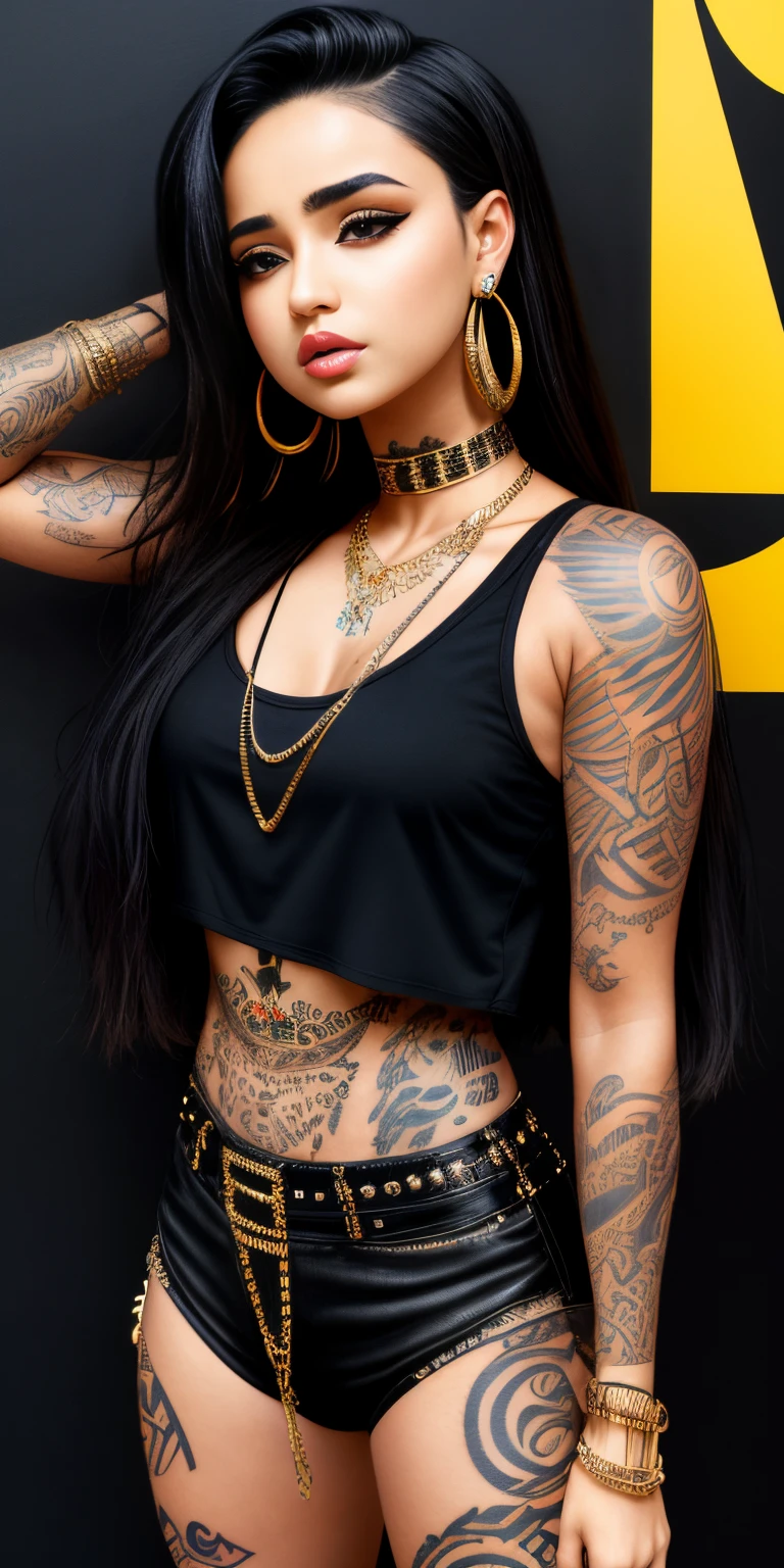 araffe tattooed woman,Kardashian,  with a black top and a chain around her neck, she is wearing a black tank top, looks like fabiula nascimento, malika favre, wearing intricate black choker, she is wearing streetwear, piercings collar, tattooed, style of flavie audi, neck tattoos, wearing black choker, wearing gold detailed choker