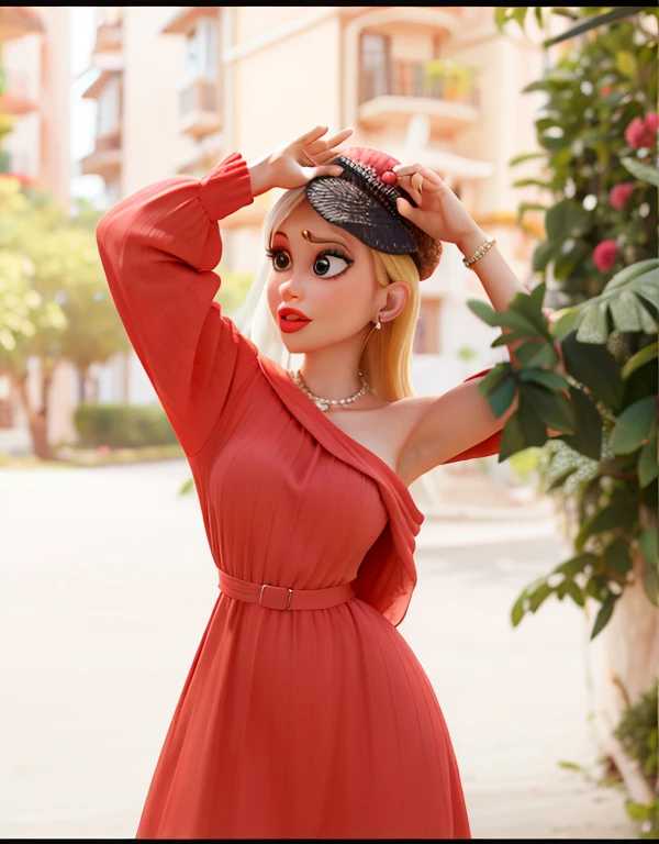 mulher blonde, praia, vaidosa, vestido rosa, batom vermelho, large lips, uma personagem alegre no estilo Disney Pixar