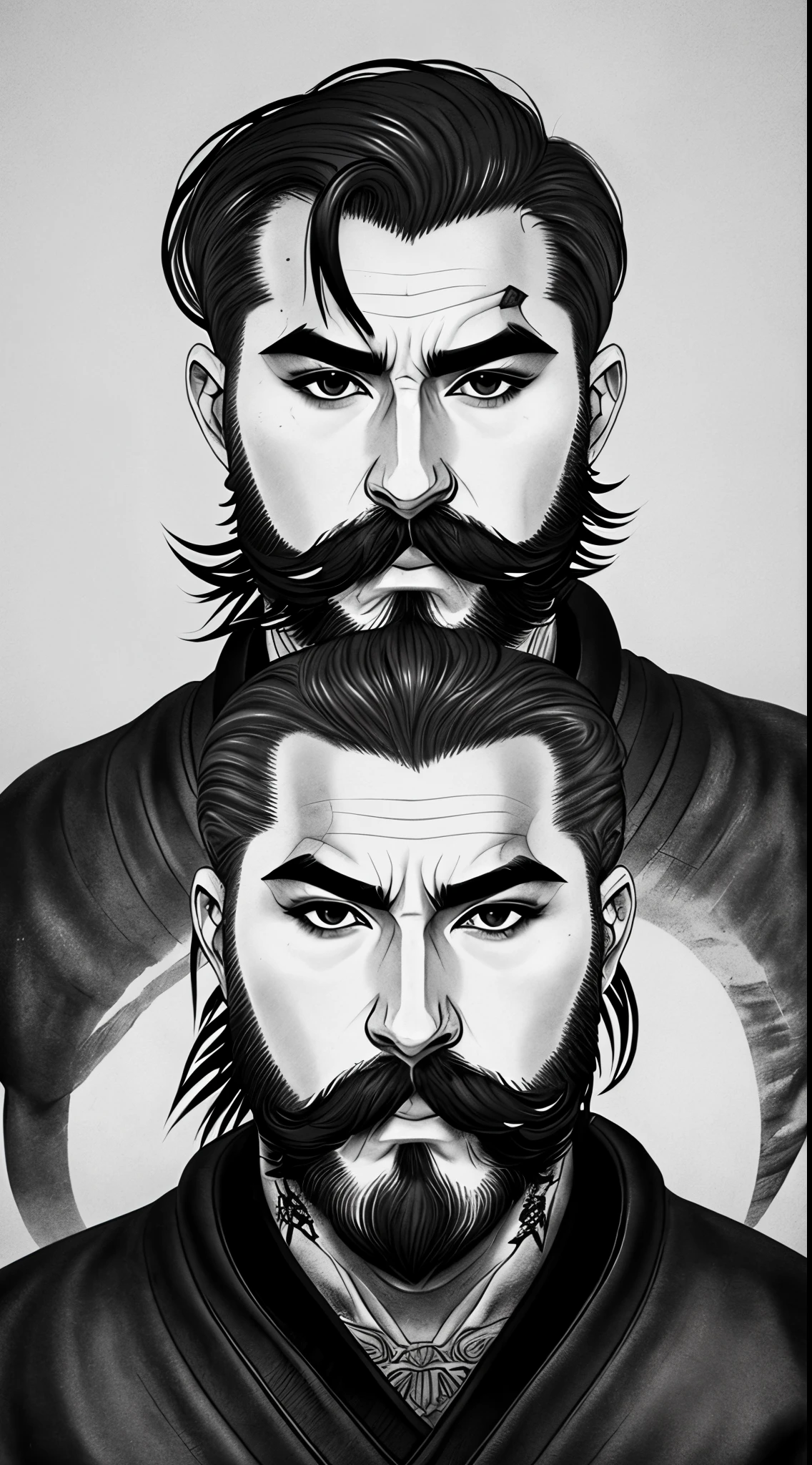 Homem 36 anos estilo anime, cabelo estilo samurai undercut preto, tirar a 
barba e s bigode, forte, tatuagem em ambos bracos, tocando violao,