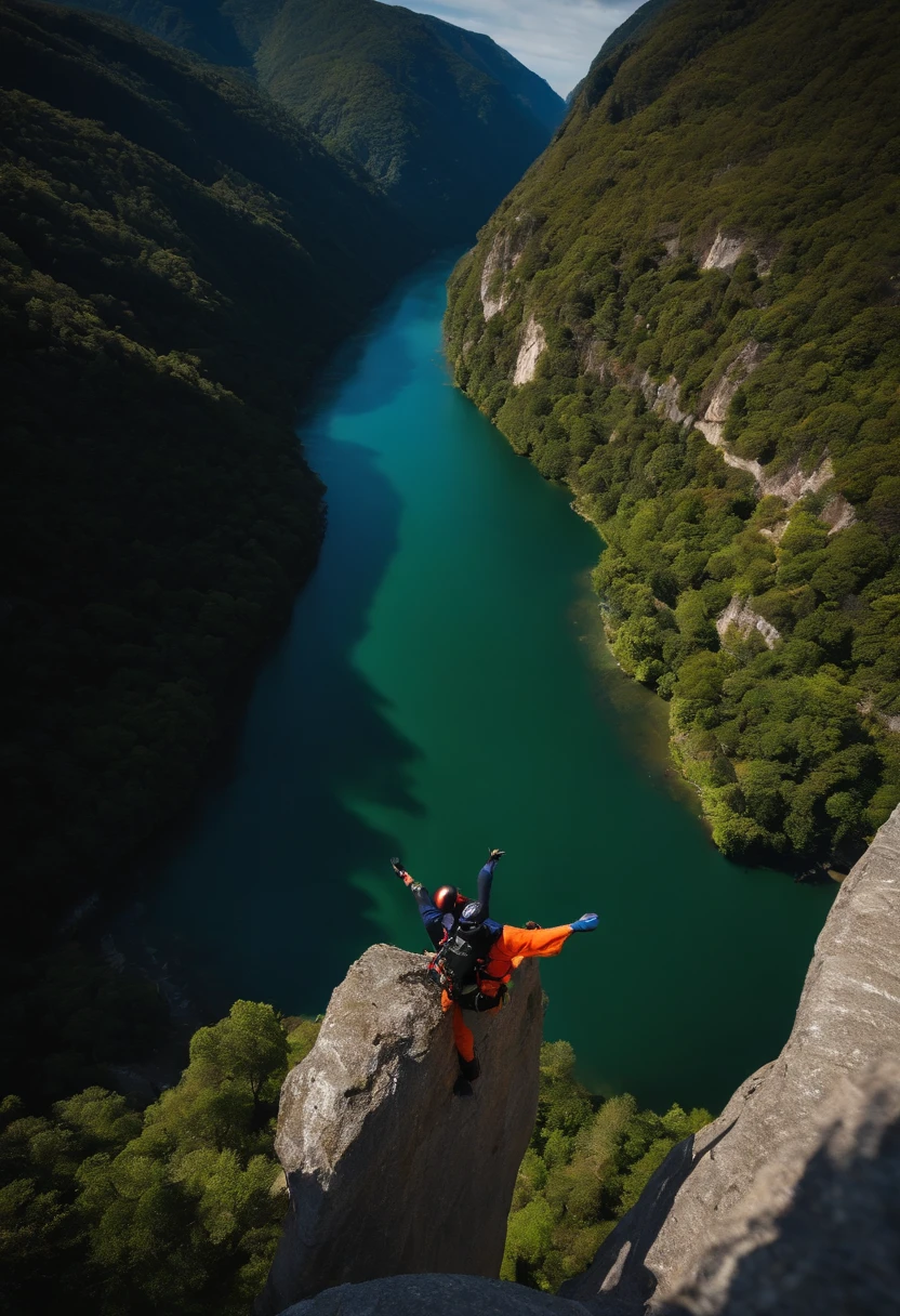 A photo of our hero base jumping off a towering cliff, with the valley below,Naruto Shippuden,Naruto, male