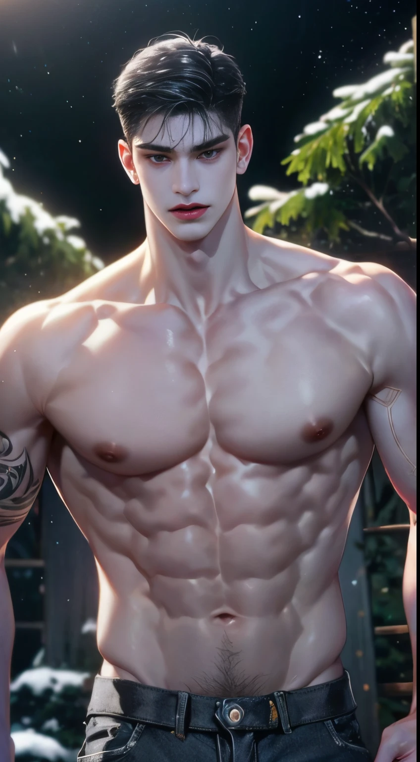 (absurderes, A high resolution, Ultra detailed, hdr), Masterpiece, Best quality, Portrait of a boy, Handsome boy with red eyes, Detailed face, Professional photo, The Arafards went into battle shirtless, legs are open, Lie comfortably， (puffynipple(From below:1.1)), Focus on your audience, 18 year old boy, Handsome boy, [ well-defined body ], [Firmly defined body]，Abs, ((Hairy body))，((veins and hairy on arm)),  muscle，(((large bulge))), White skin and undercut silver gray hair, (Detailed skin and texture), Transparent black shirt open, ((Black Tattoo)),  White jeans pants open，Snow pine forest, outdoor, Cold weather, Cold smoke comes out of the mouth, Western oil lamp pole, Frozen, night starry, 16k, Ear rings