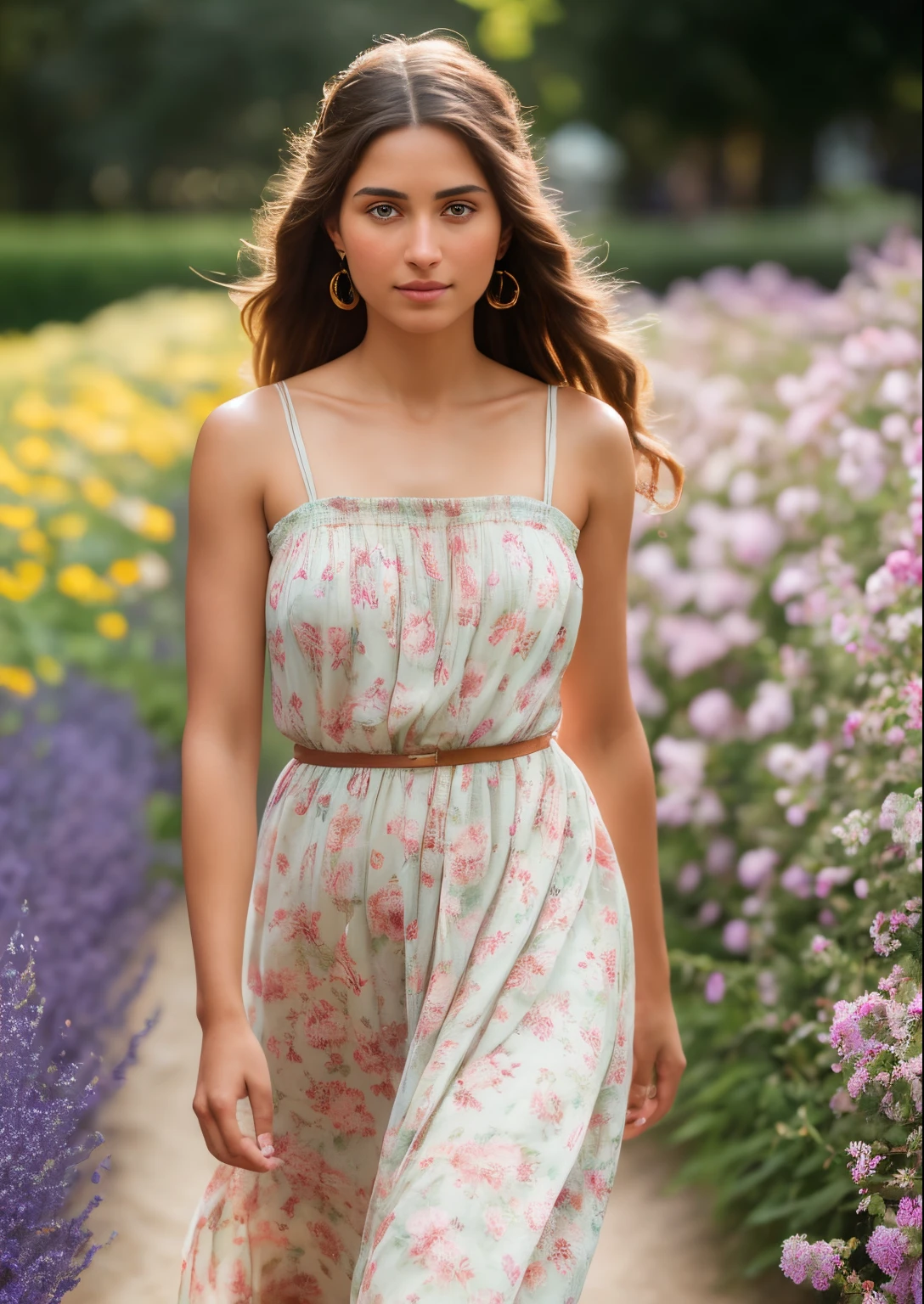 Sexy tall dark hair brunette, slightly wavy hair, 175cm tall, perfect body, ((best quality)), ((masterpiece)), (detailed), pink eyes, colorful dress, beautiful, young woman, barefoot, field, flowers, viki odintcova, raw photo, realistic UHD, 8k, realistic skin shadows, realistic skin texture, sexy and erotic