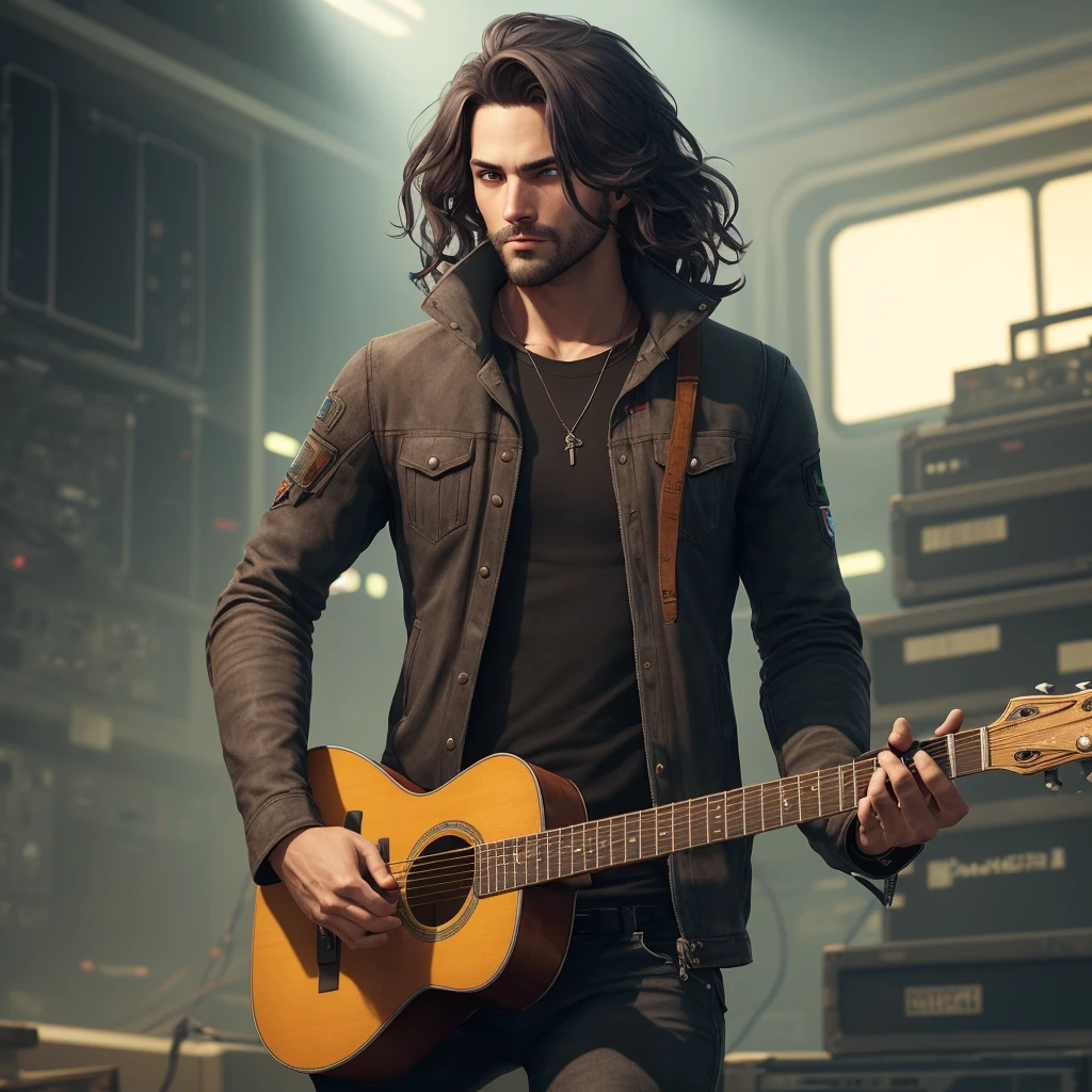 A man with long, slightly curly hair with a guitar in his hand with biotic eyes