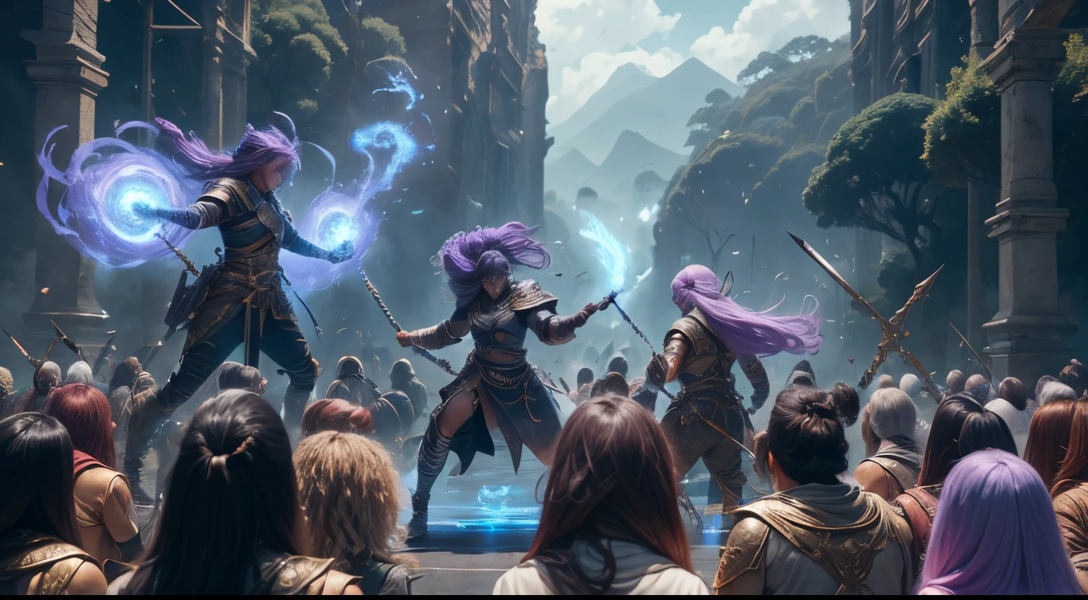 1 girl, pupilas cinzentas, pele texturizada, nuvens fluindo, Epic weapons and scenes, cabelos flutuantes, Inimigos ao redor, Combat action, raiva, parte superior do corpo, look at audience, melhor qualidade, 32k