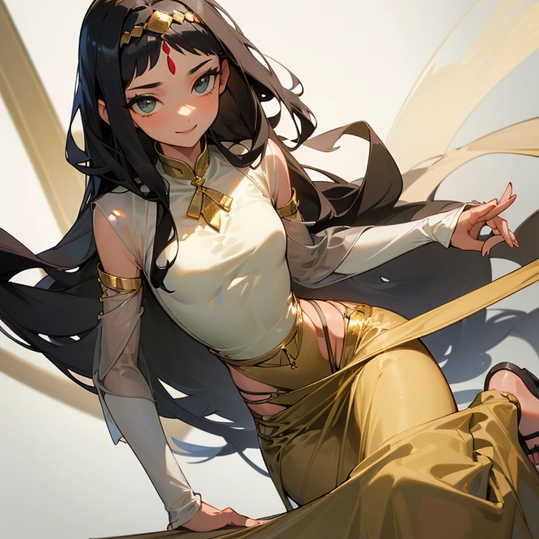 (Masterpiece)), ((Best Quality)), ((1 Girl)), ((Daughter of the Chief)) Black hair + Straight, knee-length hair + Long curved eyelashes + greeneyes + Soft and feminine features + average height + femenine body + Tan skin + medium-sized hands + Long and neat nails soft skin + Pose With brush and parchment ((Grey top with sheer fabric sleeves, gold accessories decorating her abdomen, long skirt with a slit at the leg, flat sandals, Attachment on your forehead, sweet smile))