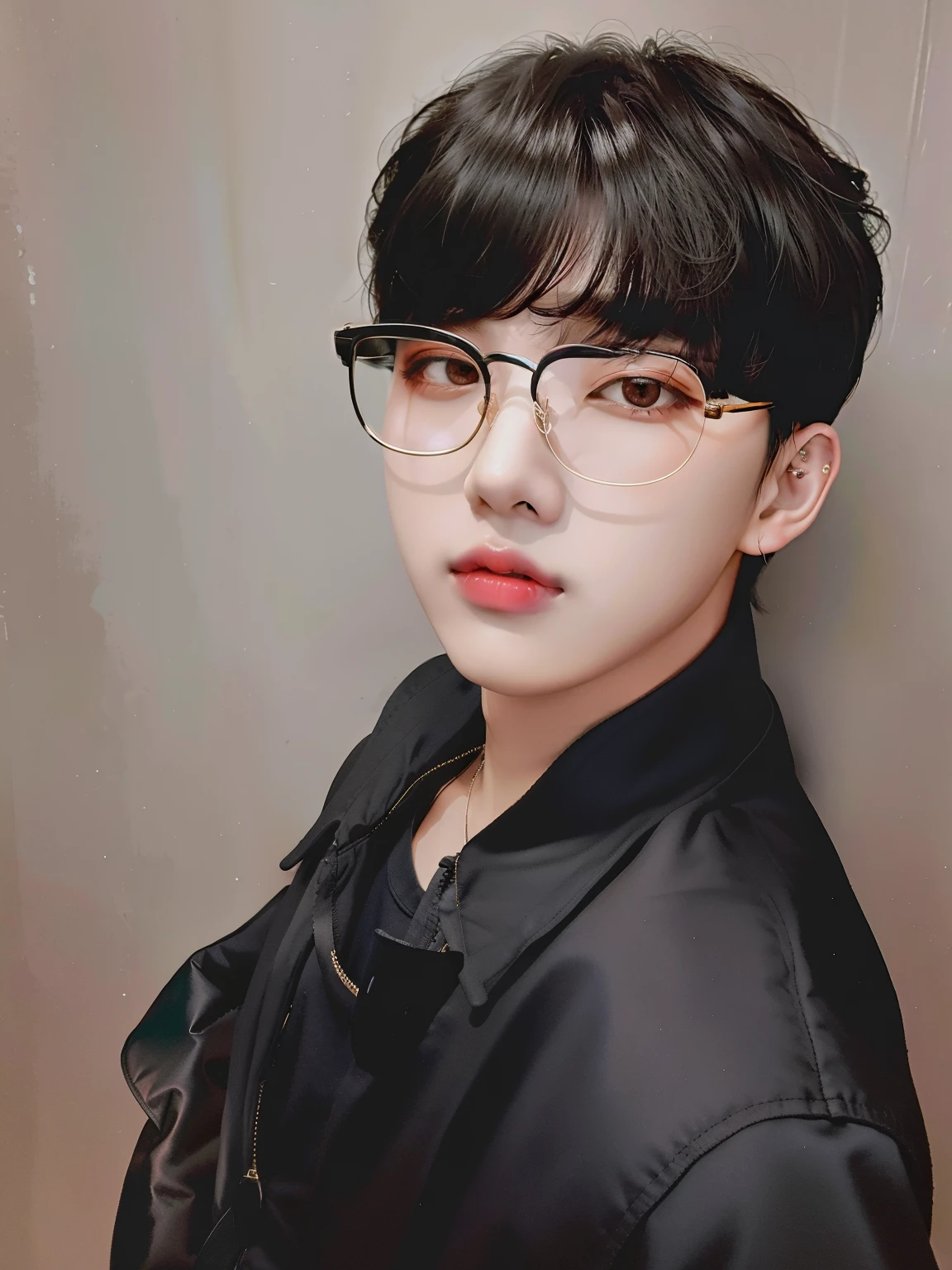 There is a woman con gafas y una chaqueta negra, Cai Xukun, Kim Doyoung, Jinyoung Shin, Hyung Tae, Hong June Hyung, con gafas, con gafas negras, jungkook, Ulzzang masculino, en gafas de montura cuadrada, Taejune Kim, con gafas puestas, Hyung Tae Kim, Yanjun Chengt, Foto de perfil de la foto de cabeza. Piel suave y clara