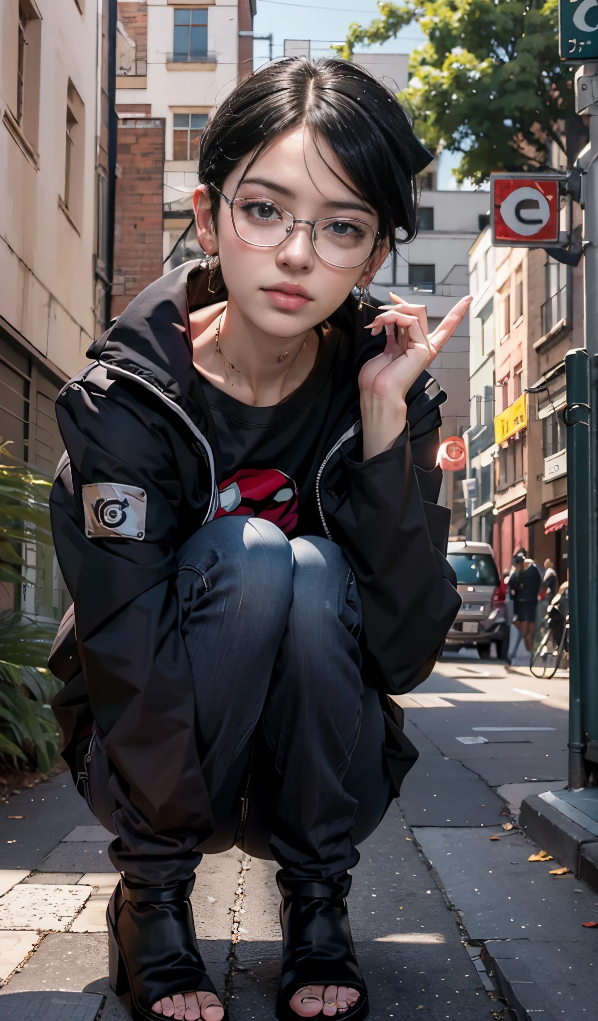 Sarada Uchiha in glasses and a black jacket crouches on a step, Art not Guweiz style, Estilo de anime 3D realista, Guweiz, the anime girl is crouching, 3 d anime realista, photorealistic anime girl rendering, retrato de alta qualidade, Estilo Realismo Anime, ****** anime na vida real, Alena Aenami e Artgerm