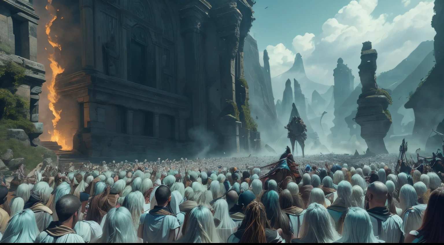1 girl, pupilas cinzentas, pele texturizada, nuvens fluindo, Epic weapons and scenes, cabelos flutuantes, Inimigos ao redor, Combat action, raiva, parte superior do corpo, look at audience, melhor qualidade, 32k