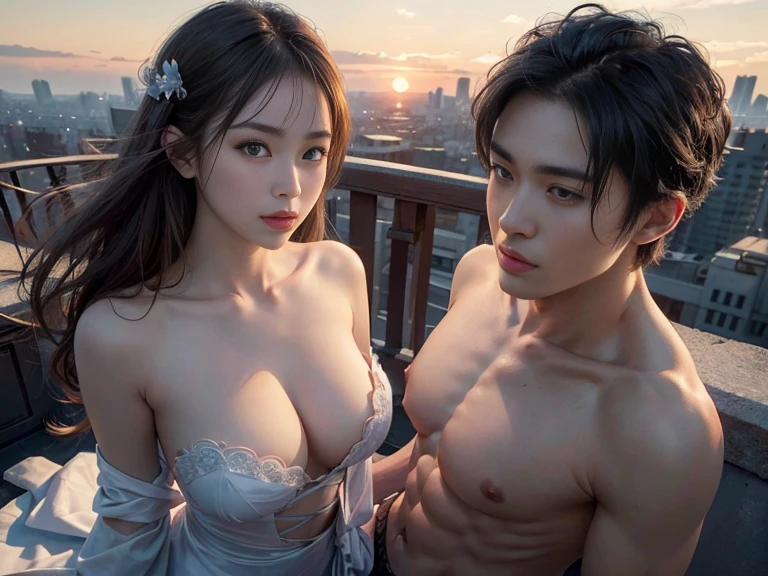 8k, masterpiece, (photorealistic:1.3), artistic portrait of a couple, (2 people:1.5, 1man and 1woman), leanning back to back on the rooftop of high building in the middle of big city, ((1man:1.3) with thin body wearing notbing) and ((1woman:1.3) with medium boobs and slim body wearing nothing), perfect detailed face, grey blue eyes, deteailed body, (wide angle shot:1.5, close up:1.3), exposed her sagging boobs, they exposed love language, japanese, natural colors, warm and romantic atmosphere, cool sunset background, lovely ambient, dramatic romantic movie,