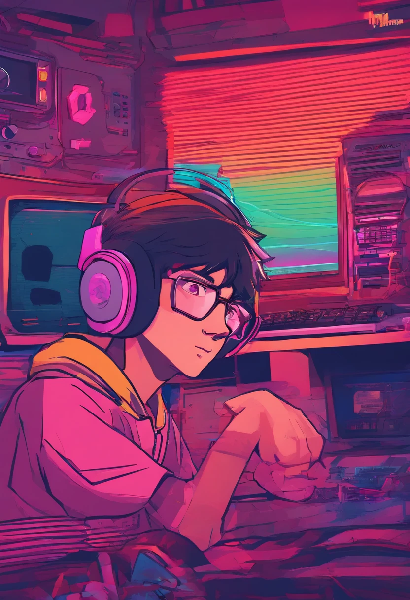 Boy listening to music in a cozy room at night, Usando fones de ouvido, Anime estilo 2D, Lo-fi, disco Rigido, Ambiente escuro, frente a um computador, livros sobre a mesa, estudando, concentrado, profundidade, 4k, papel de parede, obra prima