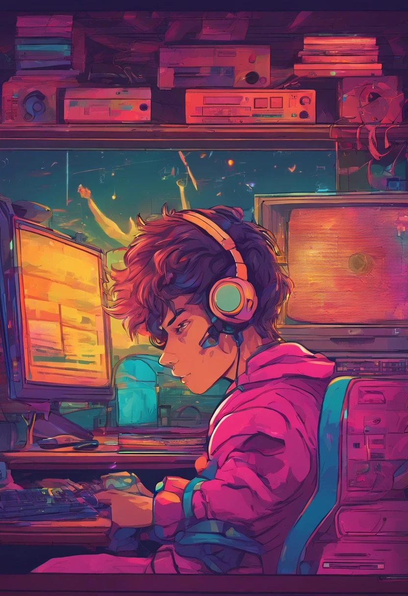 Boy listening to music in a cozy room at night, Usando fones de ouvido, Anime estilo 2D, Lo-fi, disco Rigido, Ambiente escuro, frente a um computador, livros sobre a mesa, estudando, concentrado, profundidade, 4k, papel de parede, obra prima