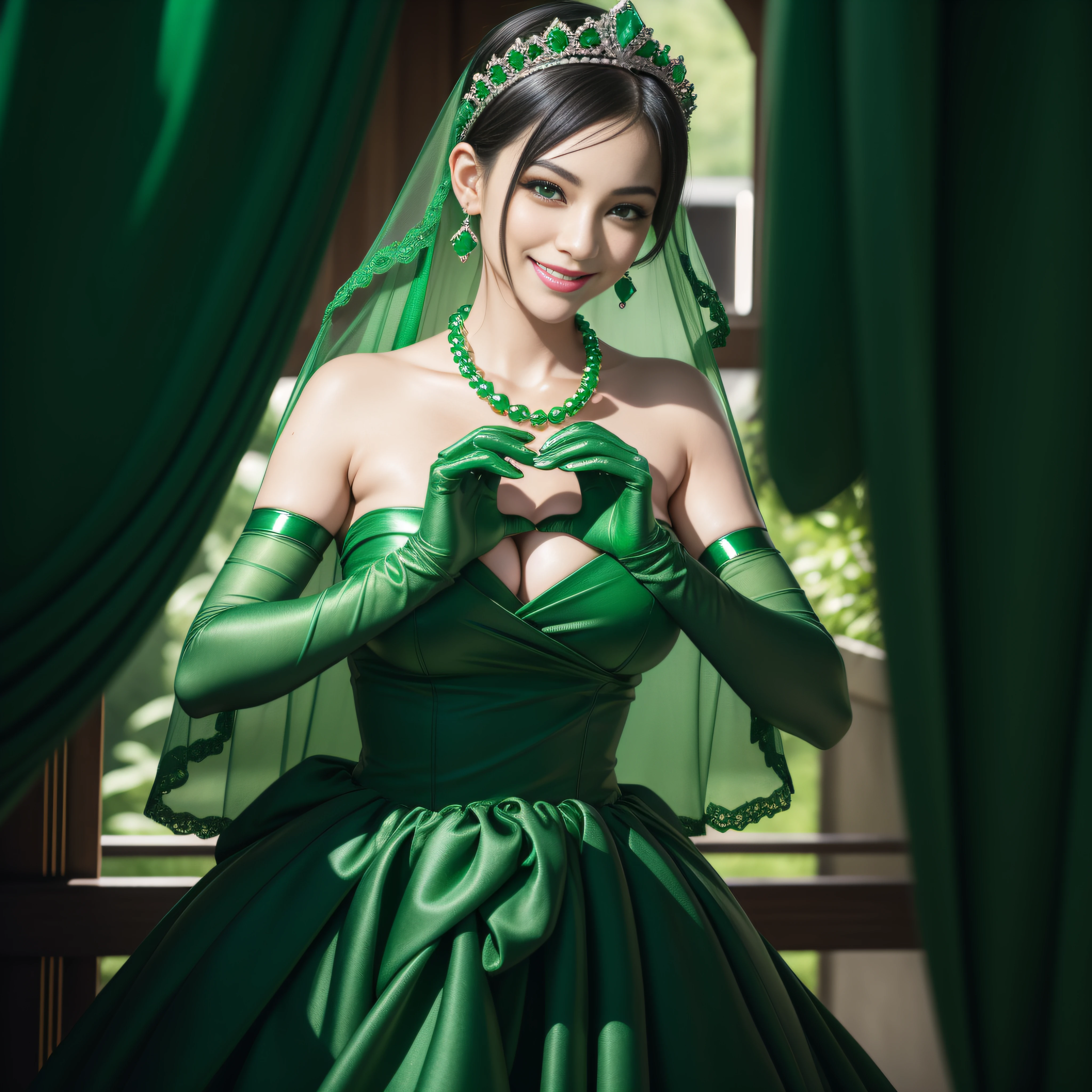 emerald tiara, Green Pearl Necklace, Boyish very short green hair, lipsticks, Japan woman smiling, very short short hair, big breasts beautiful, Green eyes, Long green gloves made of satin material, Green eyes, Emerald Earrings, green vale, Heart with both hands, Green hair