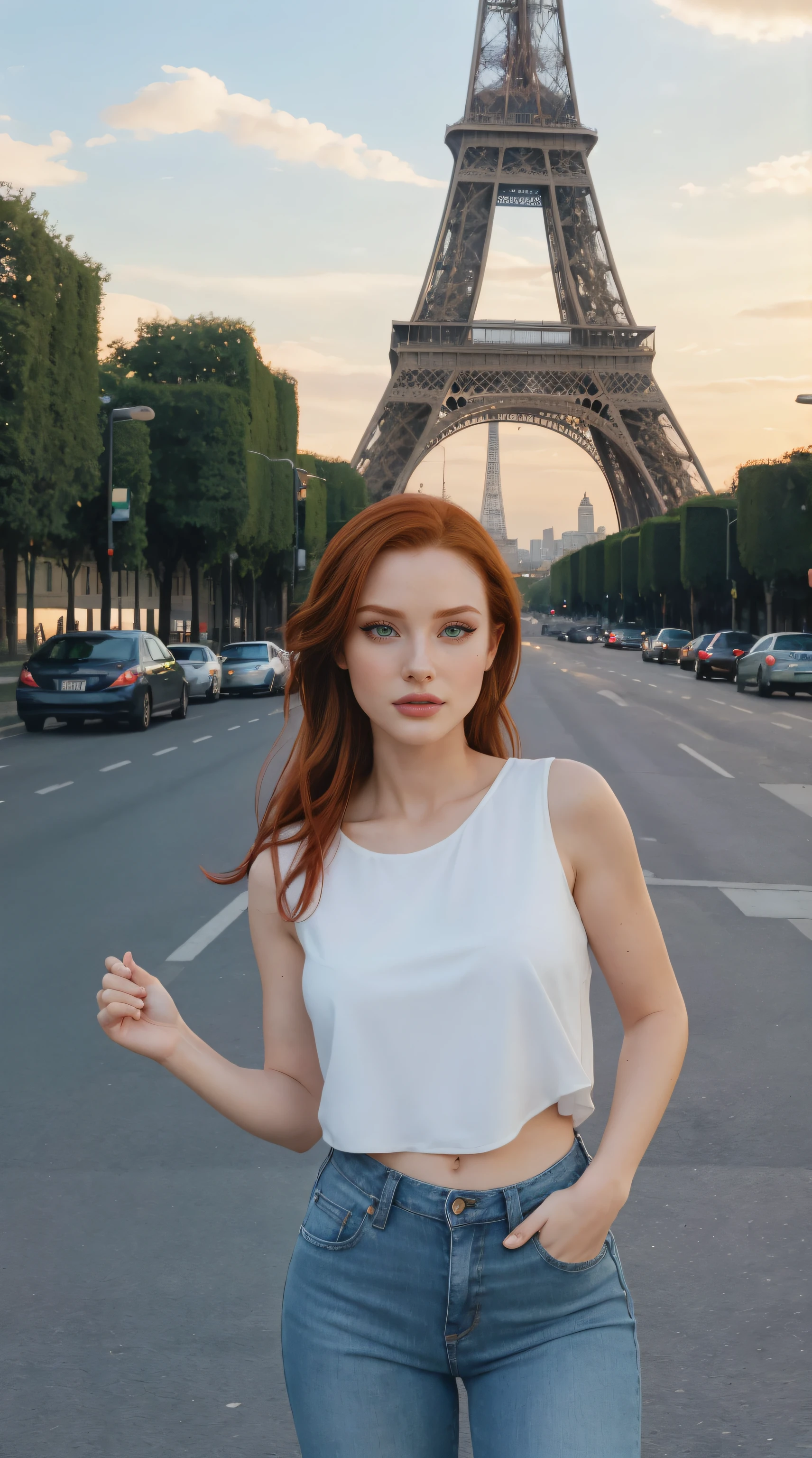 mulher extremamente linda, standingn, testa, ((olhos verdes da grama)), (((olho perfeito))), (((redhead))), usando top curto e colado branco, jeans skinny curto, in a stunning setting, eiffel tower on the ground in the background, cidade bonita, fim de tarde, live lighting, cores vivas, (((SEM CARROS)))