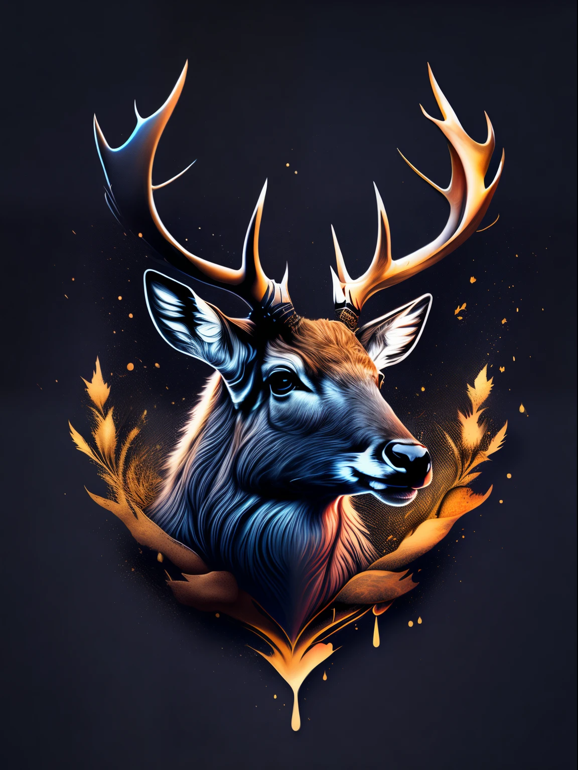 (best quality,4k,8k,highres,masterpiece:1.2),ultra-detailed,(realistic,photorealistic,photo-realistic:1.37),vector-art,tshirt design,dark splash,deer's head,rzminjourney
