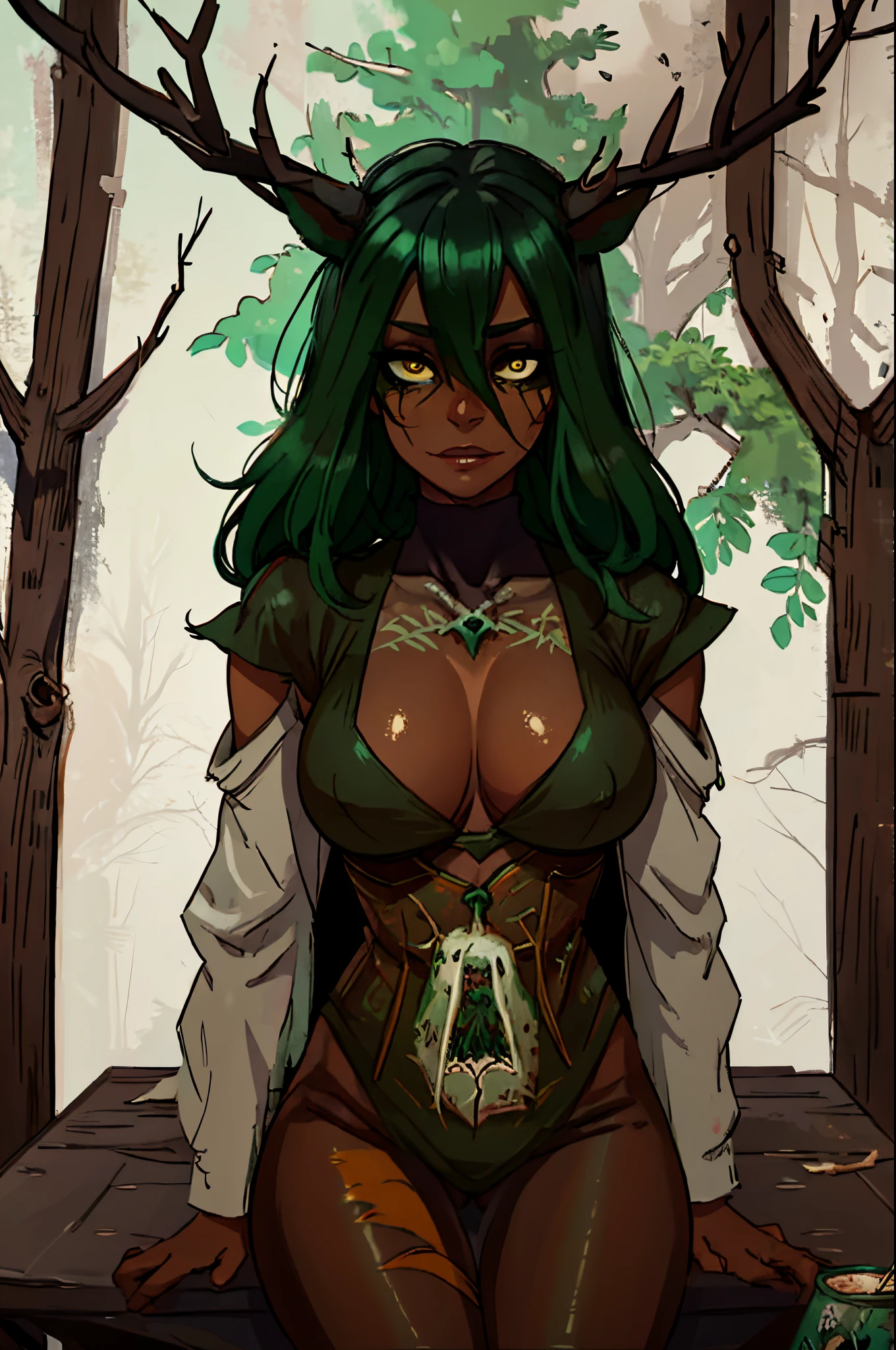 Masterpiece, best quality, portrait, female, dark skin, green hair, very large deer antlers, female leshen from witcher tales, beautiful, forest background, bone jewelry, rustic coffee color clothes decorated with bones and death deer skulls, ripped, death spirit, detailed, creepy, full covered clothes, full clothed, tomboy, close-up, creepy gaze