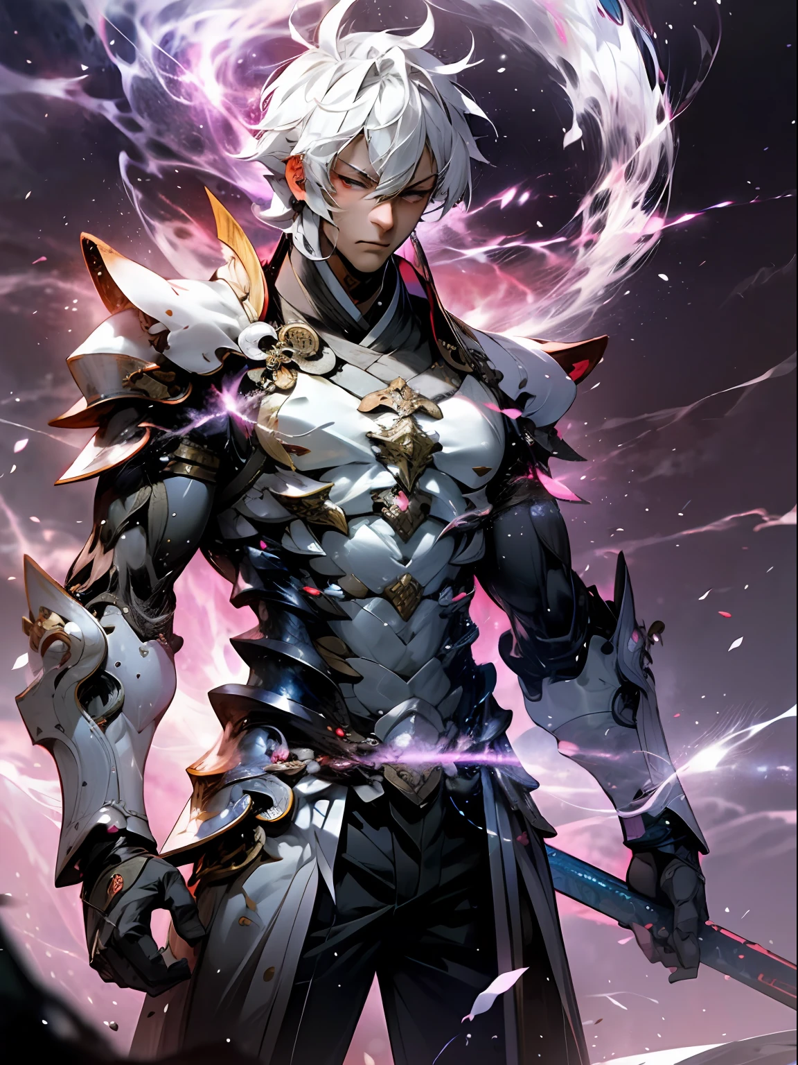 Nichimanga style, Zen ZEN, 1 man, delicate face, wearing armor, surrounded by Chinese characters, with lightning bolts on his body, a divine dragon behind his back, perfect hands, normal fingers, zen