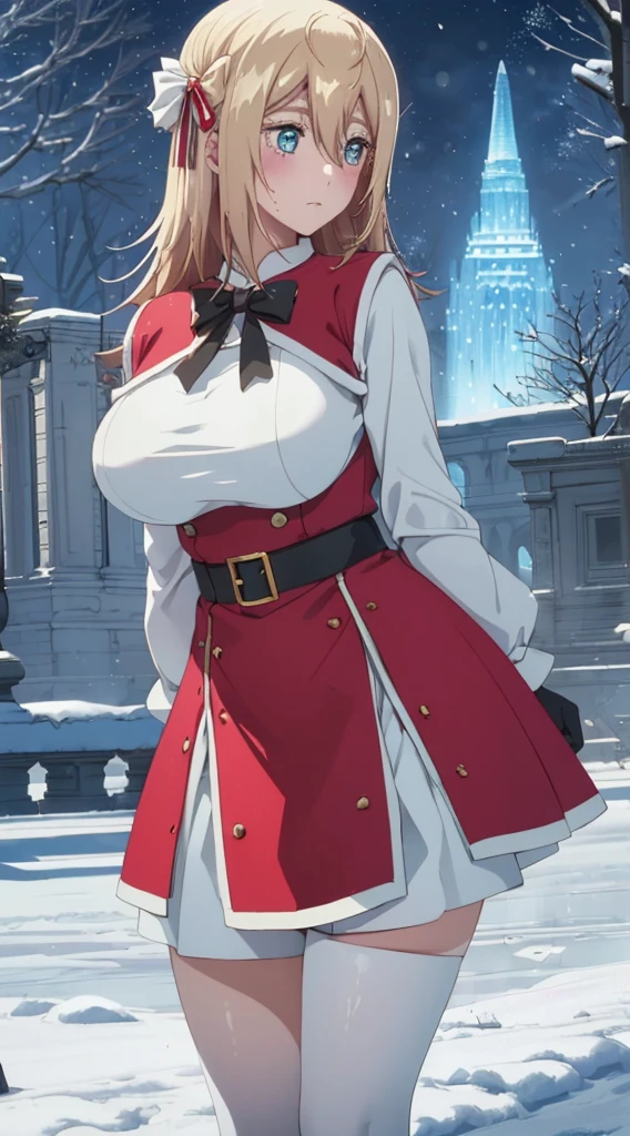 Oliva,blue eyes,(large breasts:1,5)top-quality、Top image quality、masterpiece、teens girl((red santa costume、、teen ager、Best Buast,Beautiful light blue eyes、Breasts wide open, a blond、A slender,Large valleys、dye one's cheeks red、Leaning forward、White breath、Reflecting the whole body)),hiquality、Beautiful Art、Background with((Fantastic world、Ice Burn City at night、snowflakes falling、Heavy snow falls、snowman、ice tower)))、masutepiece、depth of fields,