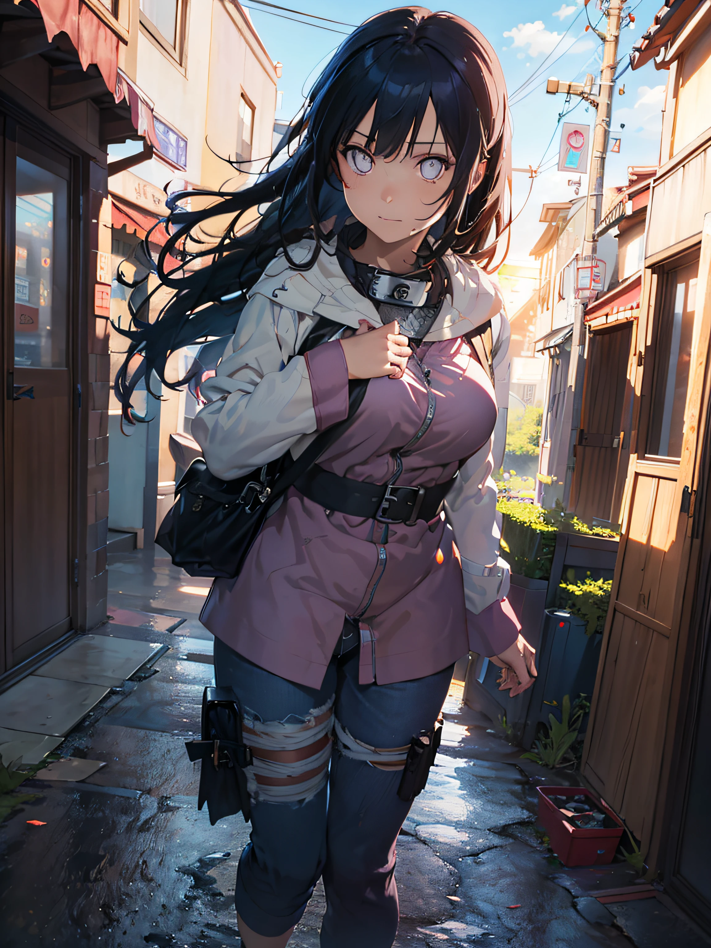 (RAW Photo, Best Quality), (Realistic: 1.3), Highly Detailed, Masterpiece, Hyperdetail, Illustration, full_body, HDR (High Dynamic Range), Ray Tracing, NVIDIA RTX, Super-Resolution, Unreal 5, Subsurface Scattering, PBR Textures, Post-processing, Anisotropic Filtering, Depth of Field, Maximum Sharpness and Clarity, Multi-layer Textures, Albedo and Highlight Maps, Surface Shading, Precise simulation of light-material interactions, perfect proportions, Octane Render, bi-color light, large aperture, low ISO, white balance, rule of thirds, 8K RAW, finger detailing, refined facial features, focus on the face, ((no extra limbs)), Dynamic Angle, World Mastery Theater, Best Quality, Extremely Detailed CG Unified 8k Wallpaper, Breathtaking, Cinematic Light, lens_flare, beautiful Eyes, (mature woman), Hinata Hyuga naruto, (wearing purple kimono), medium beautifull breast, (long black hair), in konoha