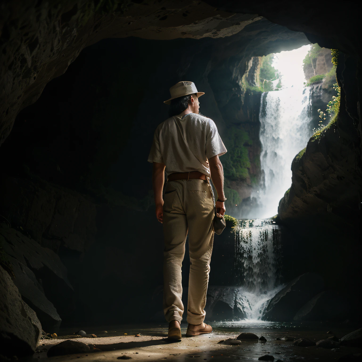 a man, linen clothes, pants, belt, with hat, old linen bag on a shoulder, axe with other hand, his back to the camera, full body, looking to a woman, heavenly backround, golden rocks, waterfall, cave, looking trough a giant light hole, darkness