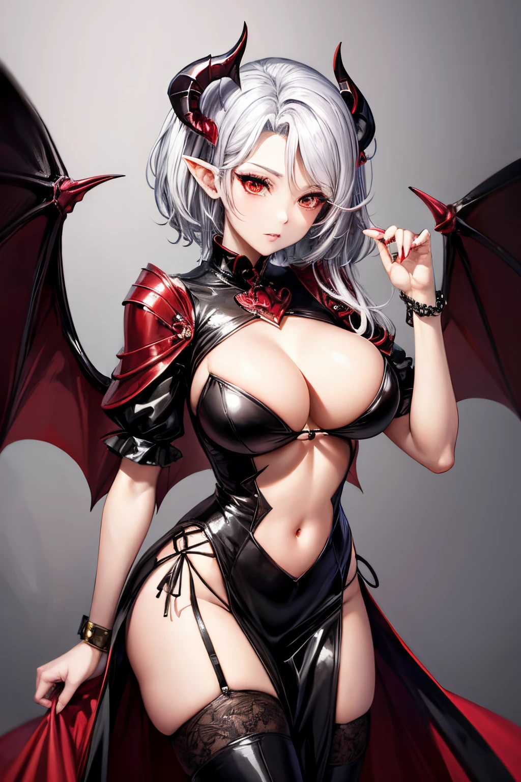 arafed woman in a black and red outfit, beautiful succubus, succubus in tight short dress, succubus, succubus | medieval, villainess has black angel wings, extremely detailed artgerm, by Yang J, beautiful elegant demon queen, ig model | artgerm, demoness, demon anime girl, short hair, underboob