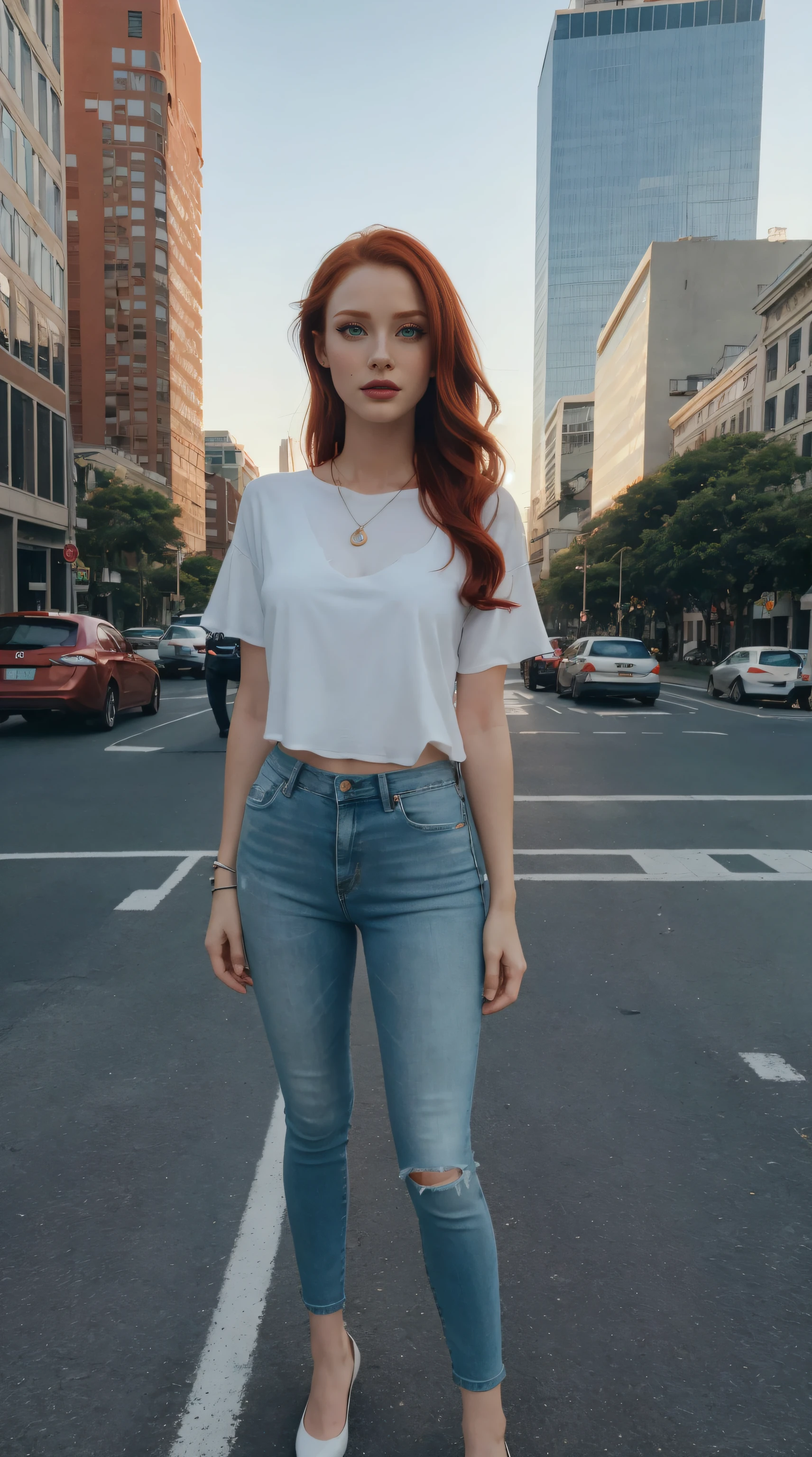mulher extremamente linda, standingn, testa, ((olhos verdes da grama)), (((olho perfeito))), (((redhead))), usando top curto e colado branco, jeans skinny curto, in a stunning setting, skyscraper on the ground in the background, cidade bonita, fim de tarde, live lighting, cores vivas, (((SEM CARROS)))