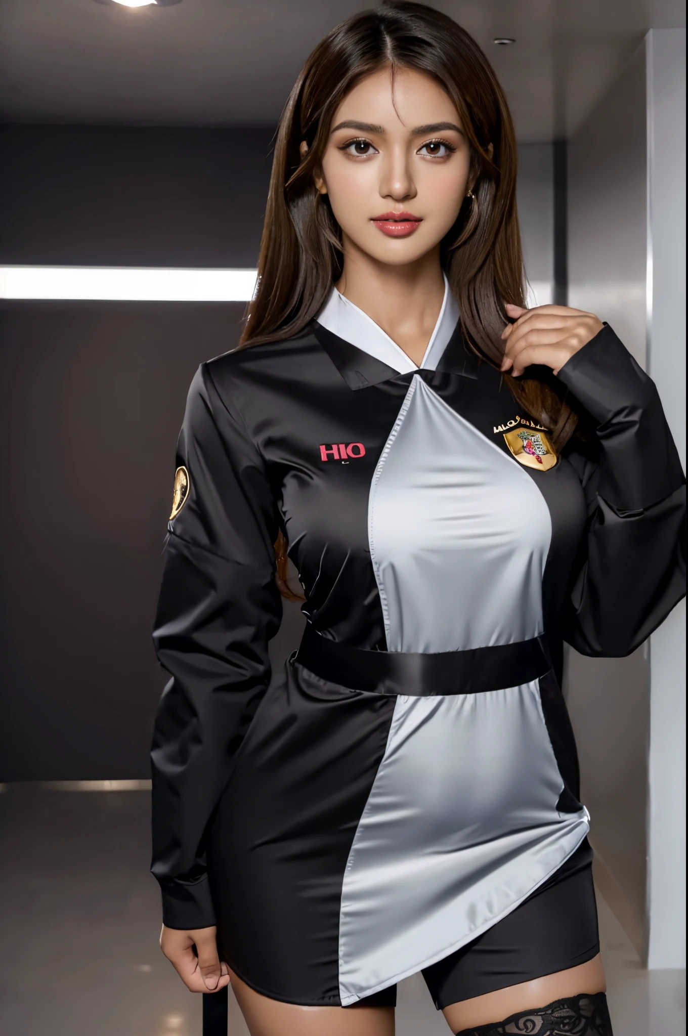 Chica muy caliente en uniforme sexy, sujetador ligero, Panty transparente, color de cabello negro, Medias negras, staring at the camera, anillo, 4k, K HD,looking at the camera in, nearing perfection, dynamic, El contenido es muy detallado , foco nítido