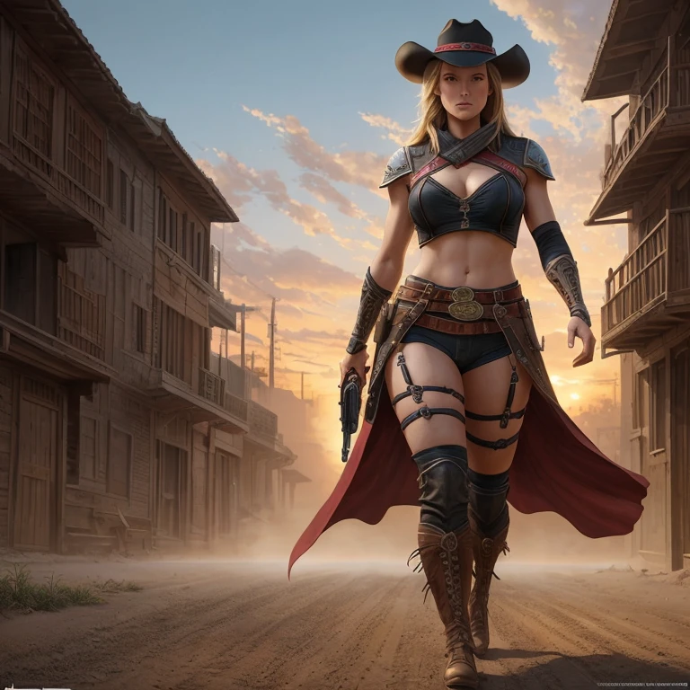 Female gunslinger ,Ali Larter, wearing a mix of red and black cowboy outfit and black hat, crop top and thong with garterbelt and stockings, walking the dusty roads of Dodge City, mid body portrait, dim volumetric lighting, art by artgerm and greg rutkowski and alphonse mucha, 8k octane beautifully detailed render, post-processing, portrait, extremely hyper-detailed, intricate, epic composition, cinematic lighting, masterpiece, trending on artstation, very very detailed, masterpiece, stunning, ,make_3d,oil paint