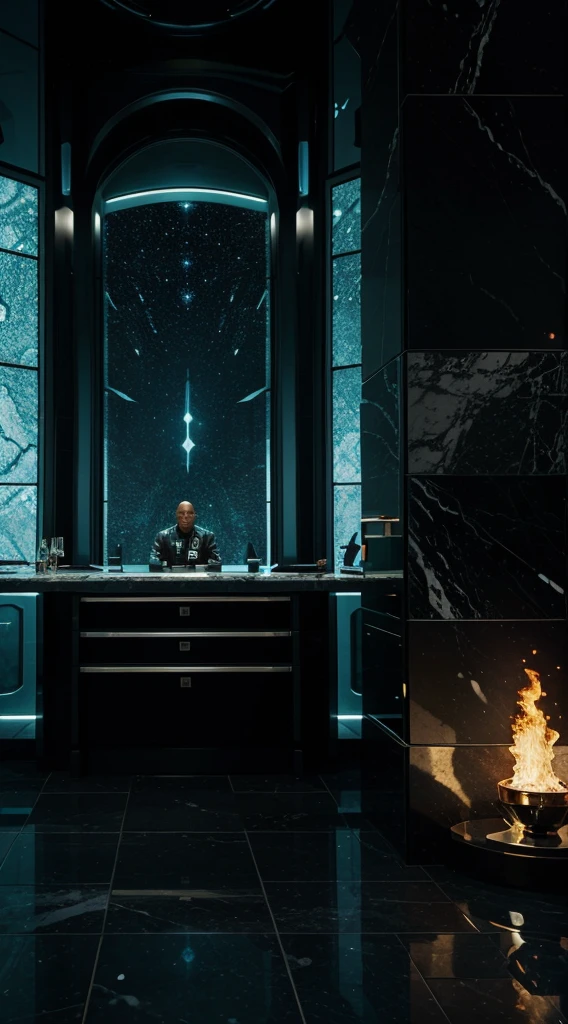 Design an otherworldly command center within the Empire, where Dwayne Johnson strategizes against the alien threat, emphasizing the grandeur of the cosmic setting.