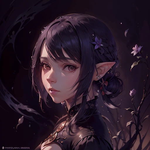 uma mulher com cabelo comprido e uma flor no cabelo, retrato de fantasia fosco detalhado, retrato de arte conceito de fantasia, arte do retrato da fantasia, Retrato de uma rainha elfa, elfa sombria, orelhas delicadas de elfo, retrato da arte da fantasia, retrato de fantasia escura, art portrait epic fantasy portrait, retrato da fantasia, inspirado no WLOP, arte de estilo fantasia escura, retrato bonito da arte da fantasia, wlop intrincado, lindo retrato de fantasia .