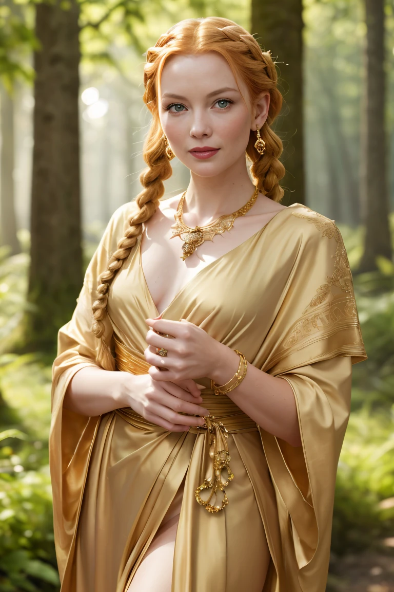 (Grace Kelly:Marilyn Monroe:0.5), A 35-year-old woman with ginger hair, high detail face, high detail skin, detailed green eyes, twin braids, a gold necklace with a ruby pendant, wearing a plunging white Greek robe,  Roman sandals, gold bracelets on her arms, legs, forest in the background, masterpiece, extremely high detail, cinematic lighting, backlight, shallow depth of field, bokeh, sharp focus, RAW photo