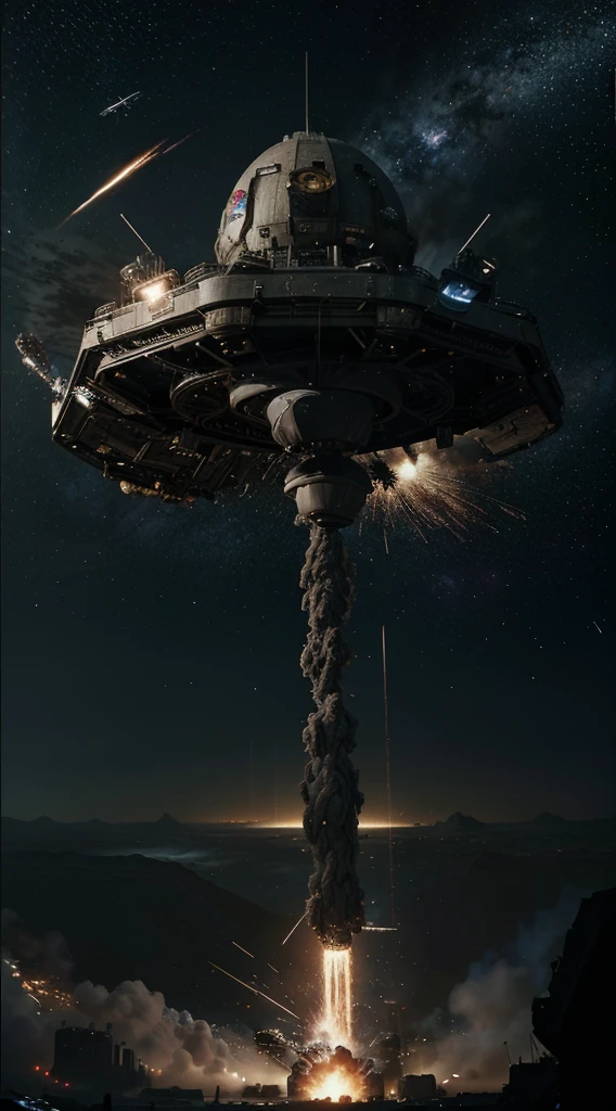 Craft an image capturing the chaos and grandiosity of a massive space battle within the Empire, with Dwayne Johnson at the forefront, leading his forces against the alien invaders.
