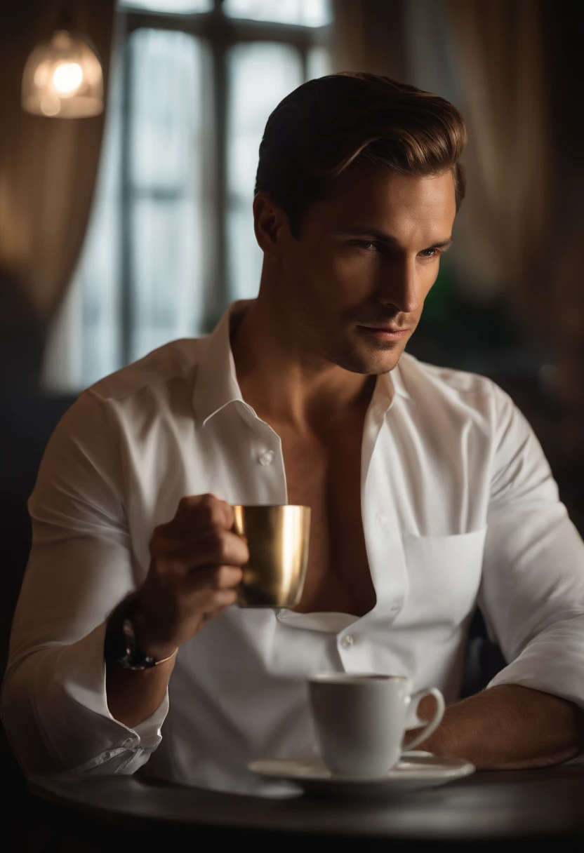 1 homme, A muscular 30-year-old man wearing a white long-sleeved shirt and tie, drinking coffee, dim lighting, chef-d&#39;work, beste-Qualit, 8k uhd, dslr, grain de film, Fujifilm XT3 photorealist painting art by midjourney and greg rutkowski, hispatic/italien