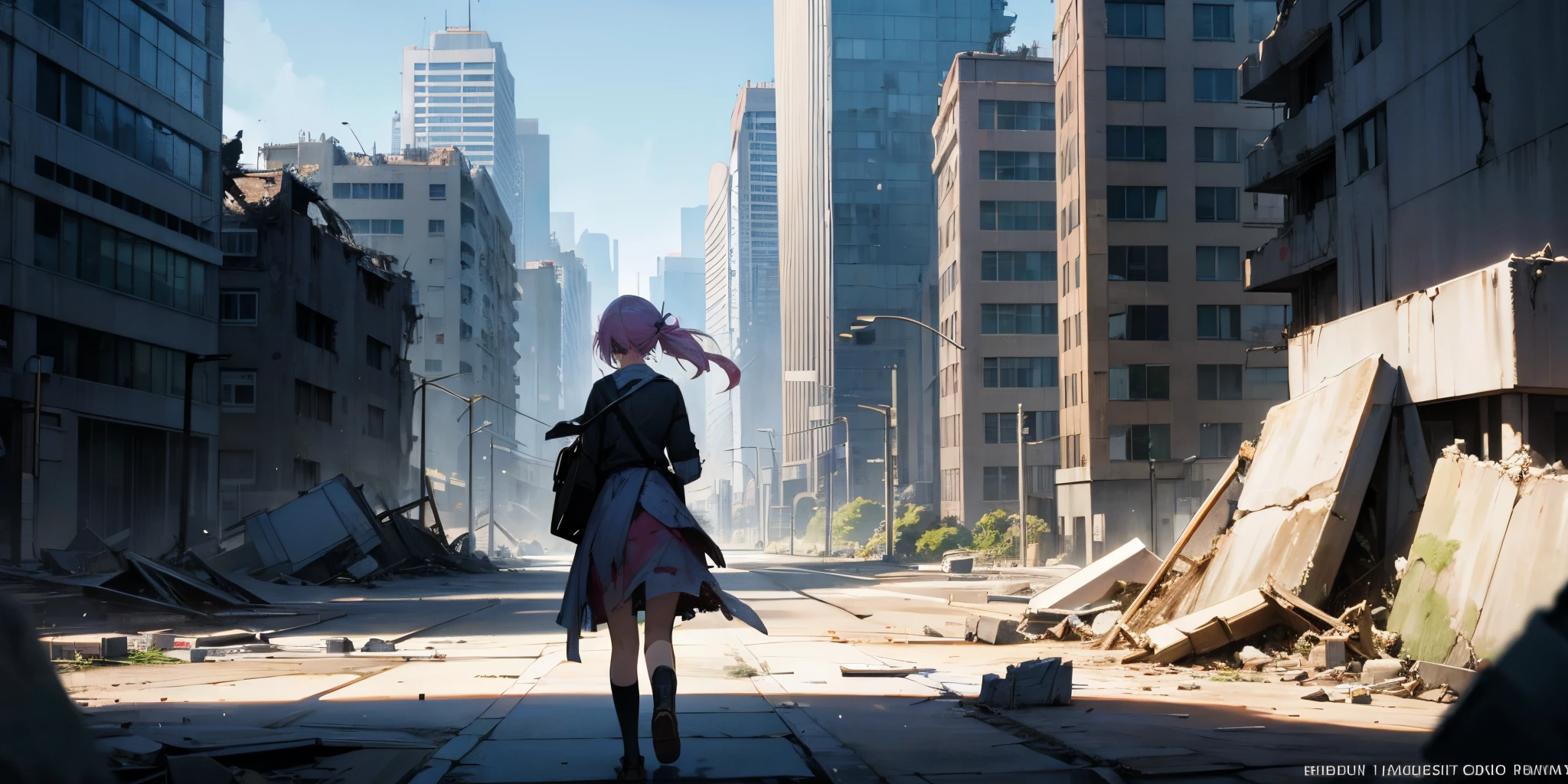 anime gilr, sitied on a buiding in a destroyed city