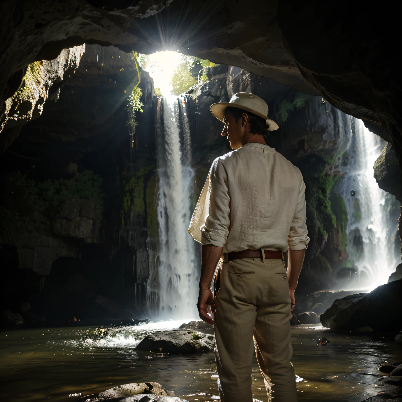 a man, linen clothes, pants, belt, with hat, old linen bag on a shoulder, his back to the camera, full body, looking to a woman, heavenly backround, golden rocks, waterfall, cave, looking trough a giant light hole, darkness, climbing through a waterfall